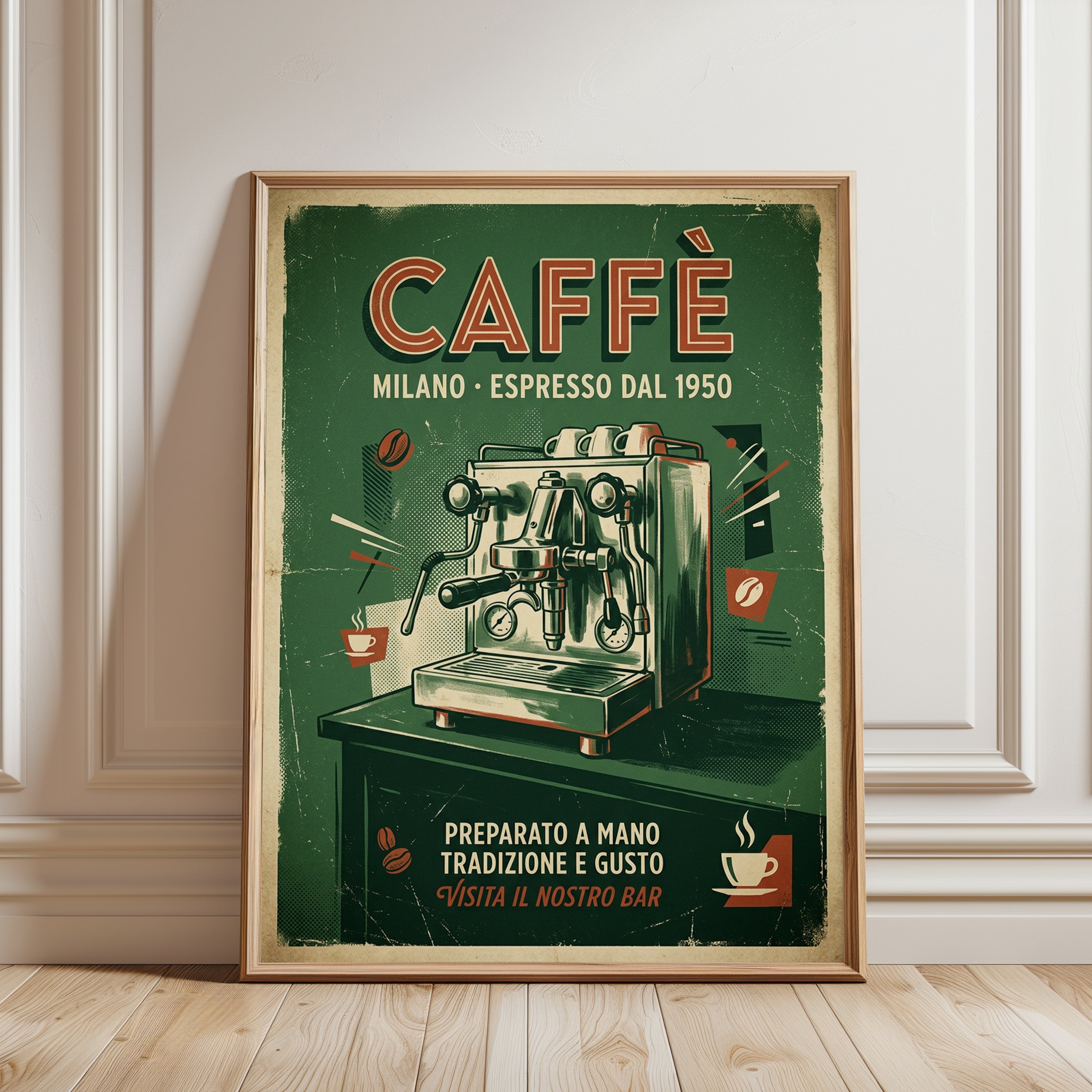 Vintage Espresso Machine Poster — Retro Italian Café Art - framed detail