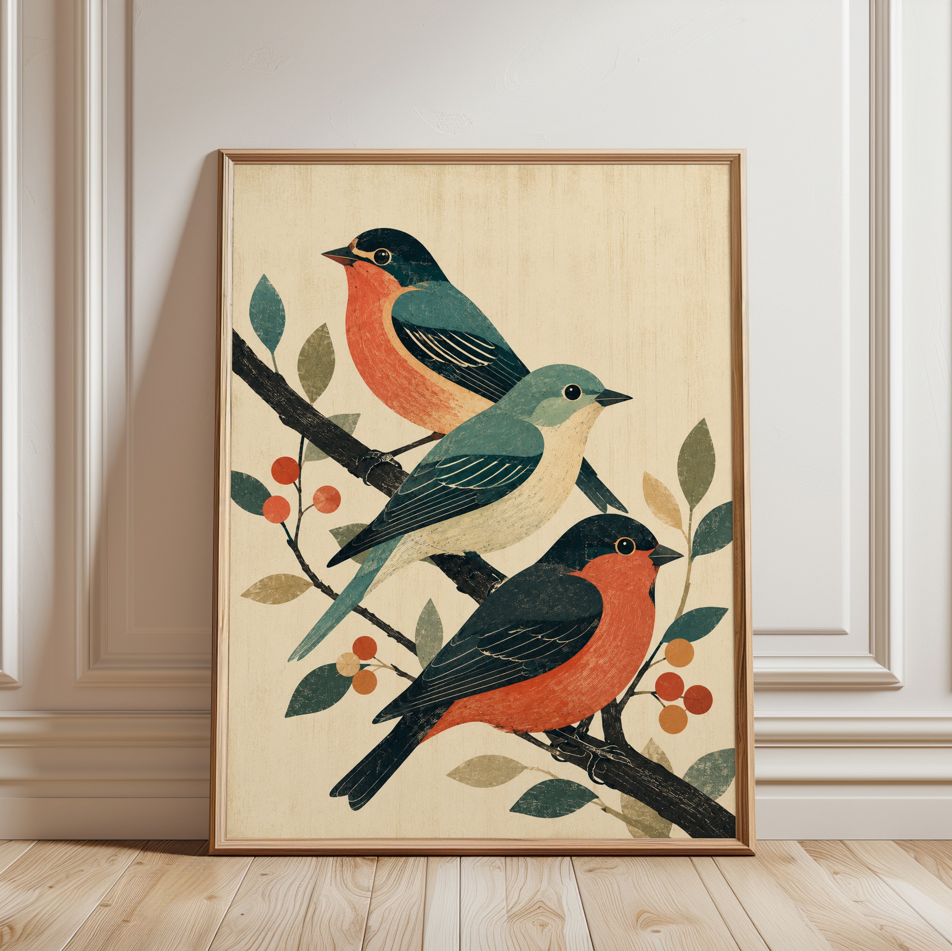 Vintage Songbirds Art Print: Mid-Century Modern Bird Illustration - framed detail