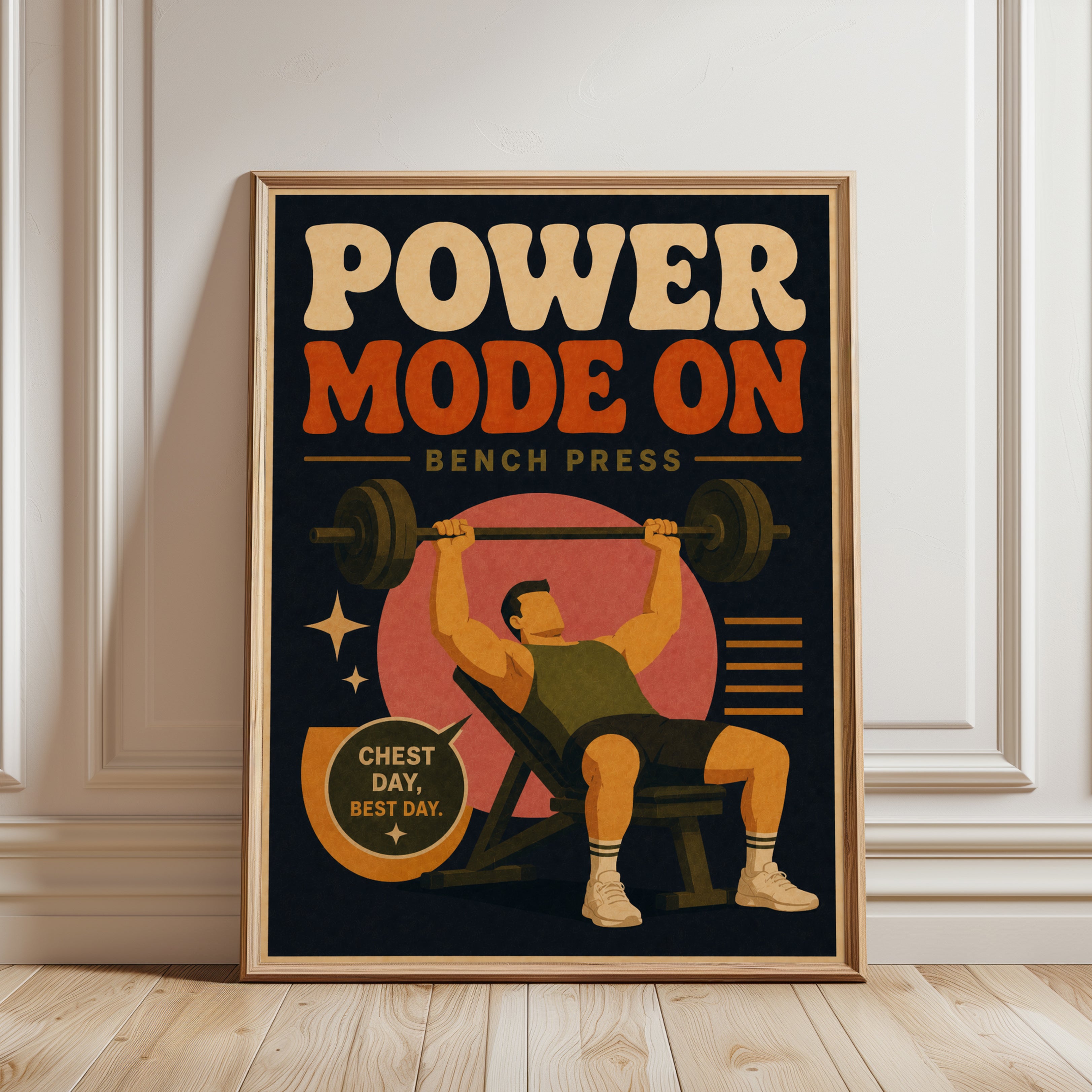 Power Mode On Gym Poster: Retro Fitness Motivation Wall Art - framed detail