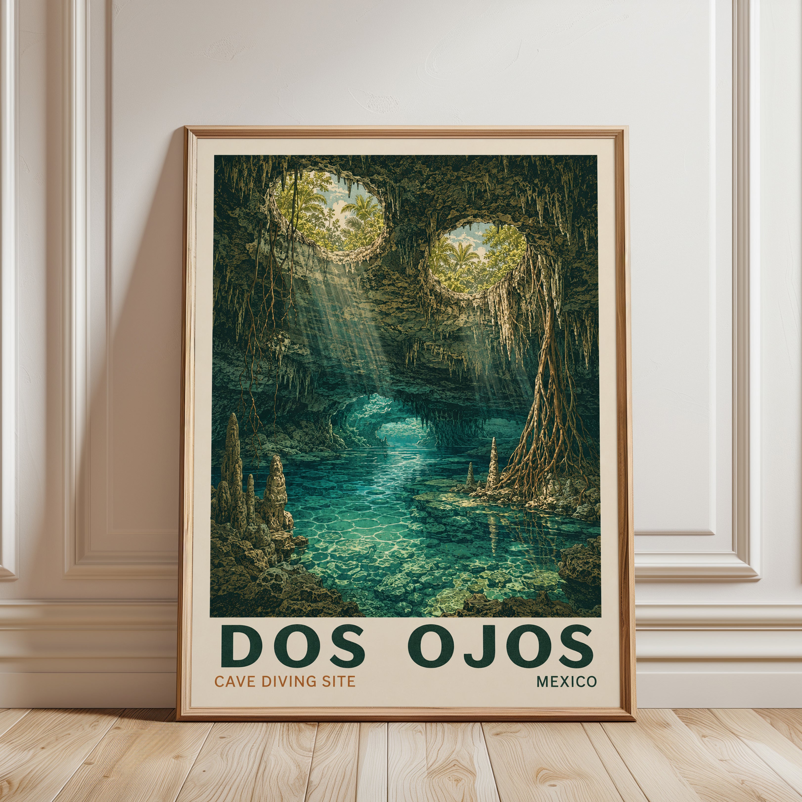 Cenote Wall Art – Dos Ojos Cave Diving Print - framed detail