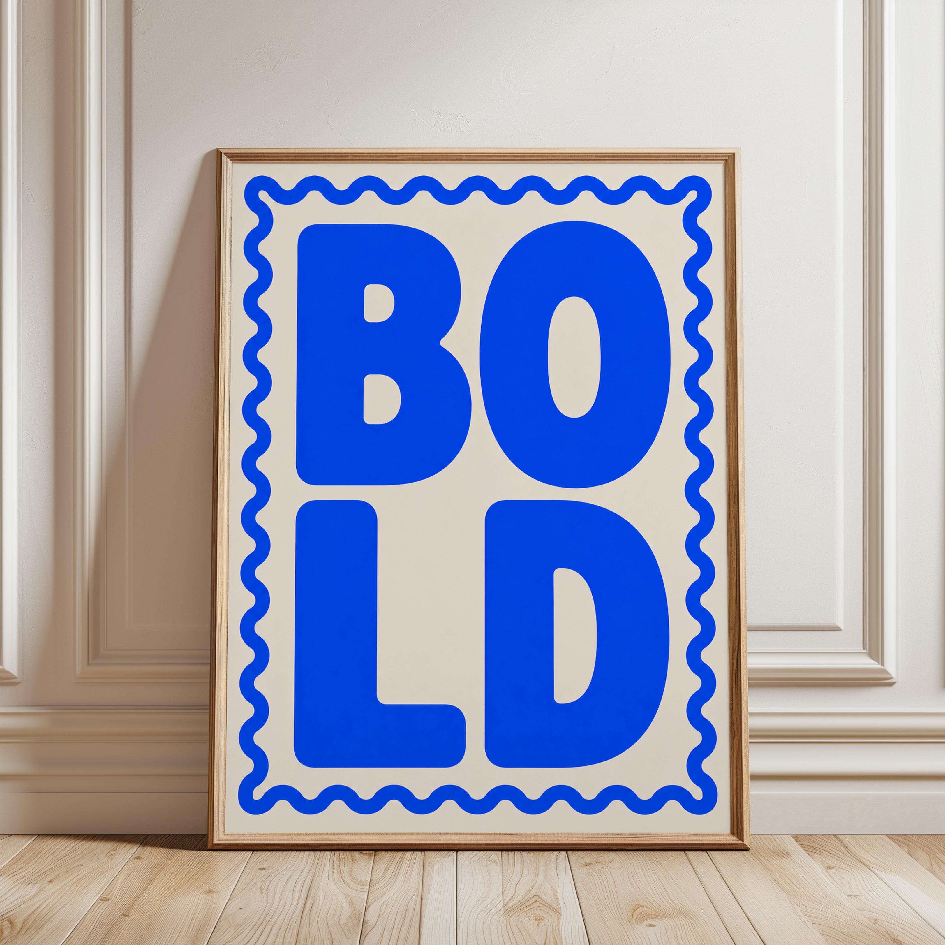 Bold Typography Art Print: Retro Blue Letters on Cream - framed detail