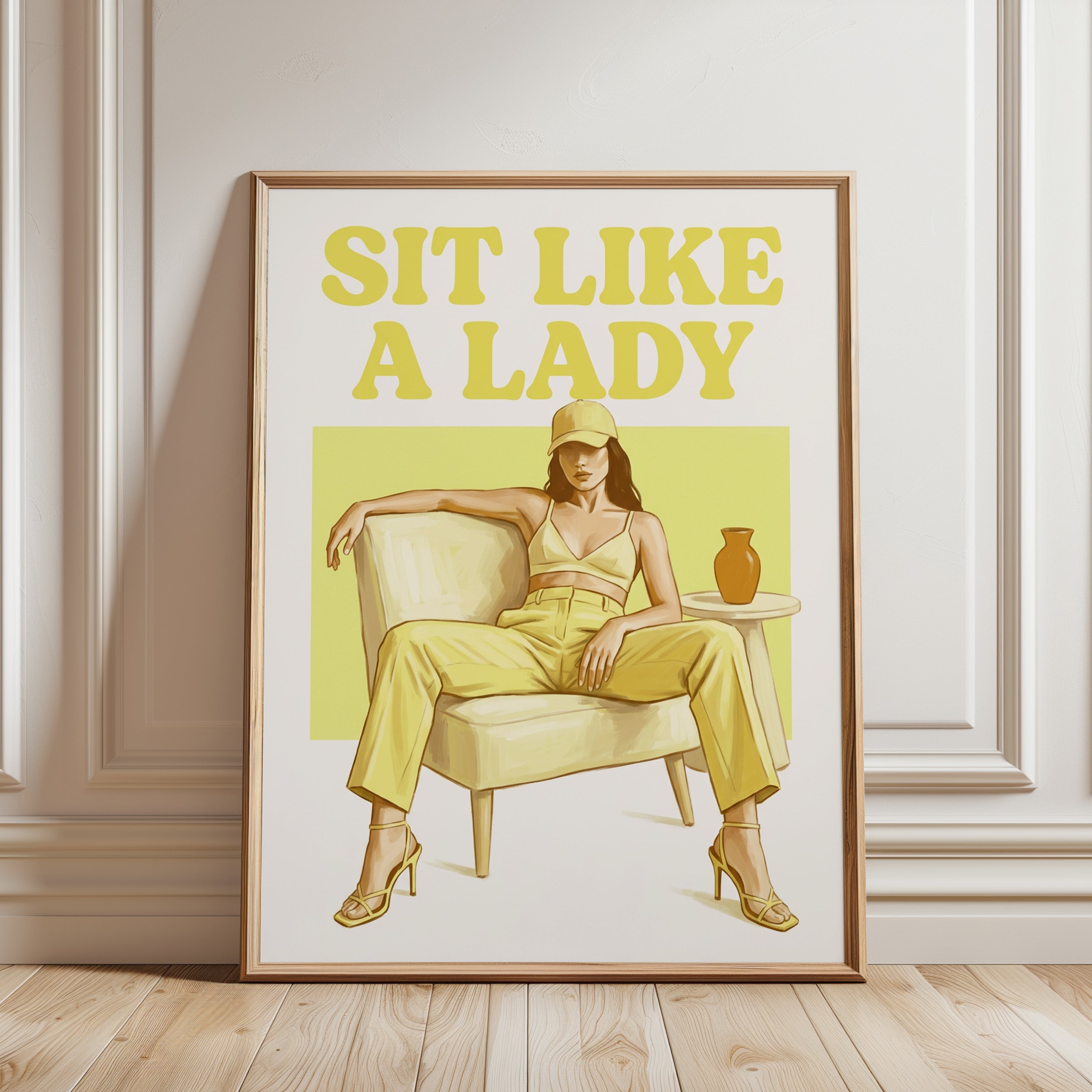 Sit Like A Lady Poster: Retro Yellow Fashion Illustration - framed detail