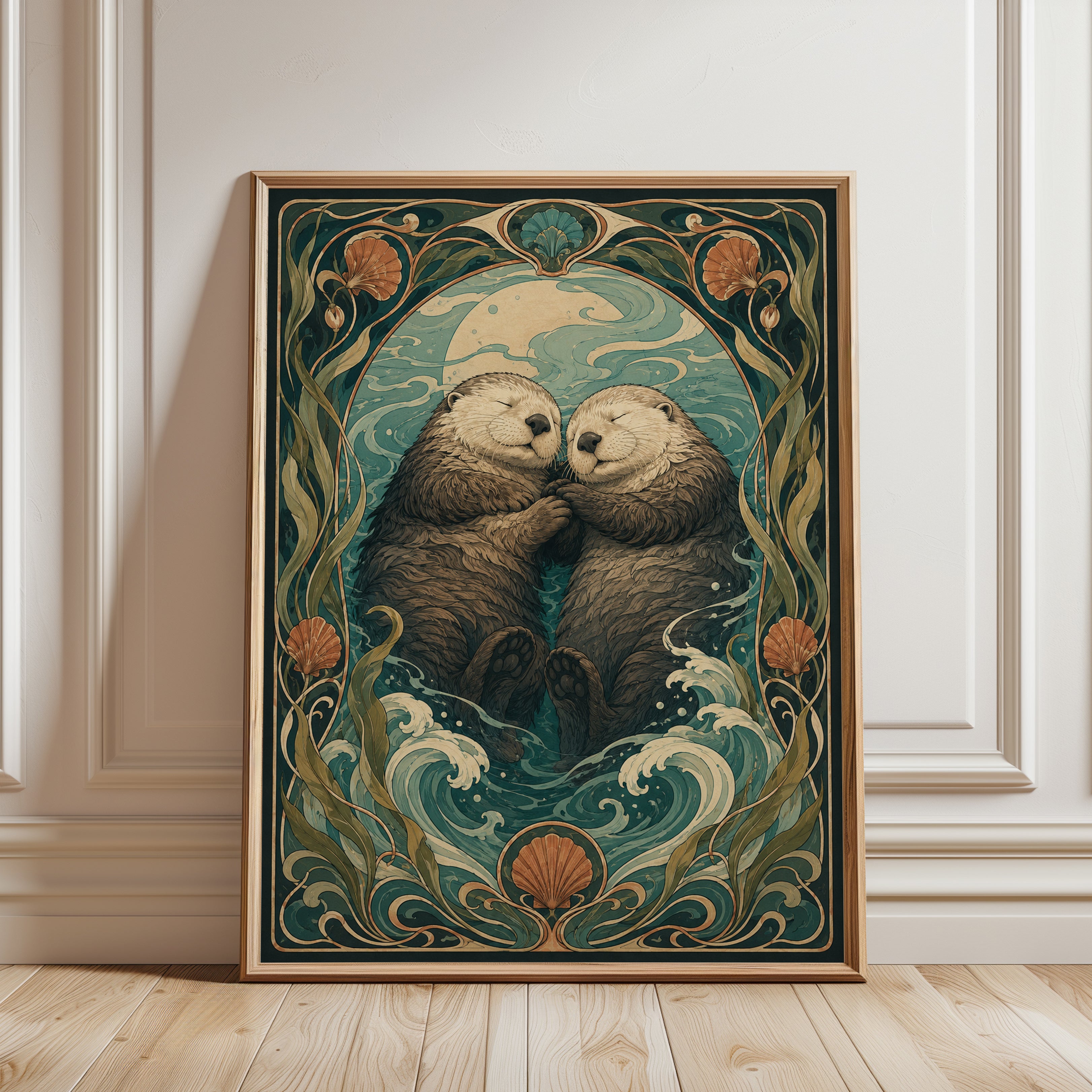 Sea Otter Art Nouveau Print — Vintage Ocean Romance - framed detail