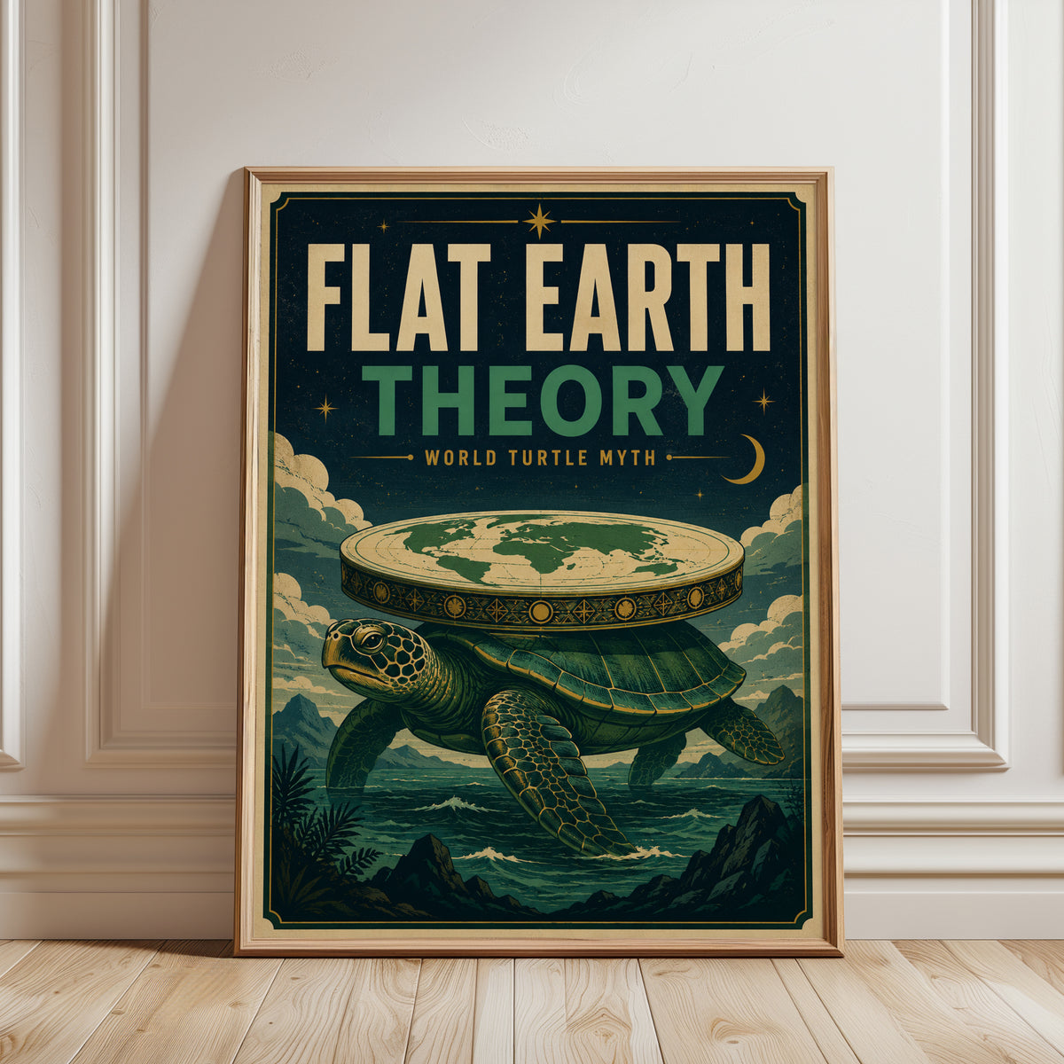 World Turtle Myth Poster: Vintage Flat Earth Print (Teal & Gold) - framed detail
