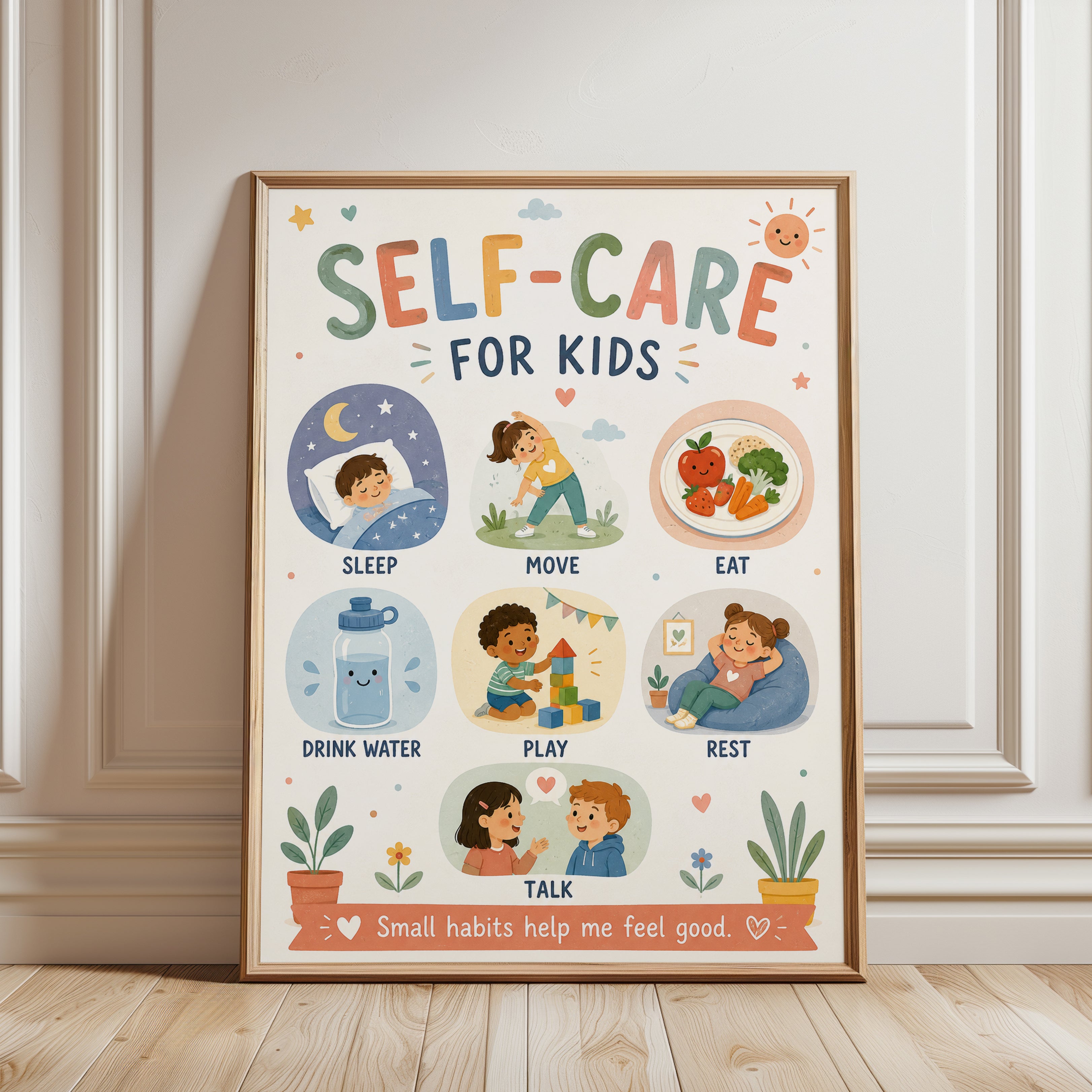 Self Care Poster For Kids – Nursery Wall Art - framed detail