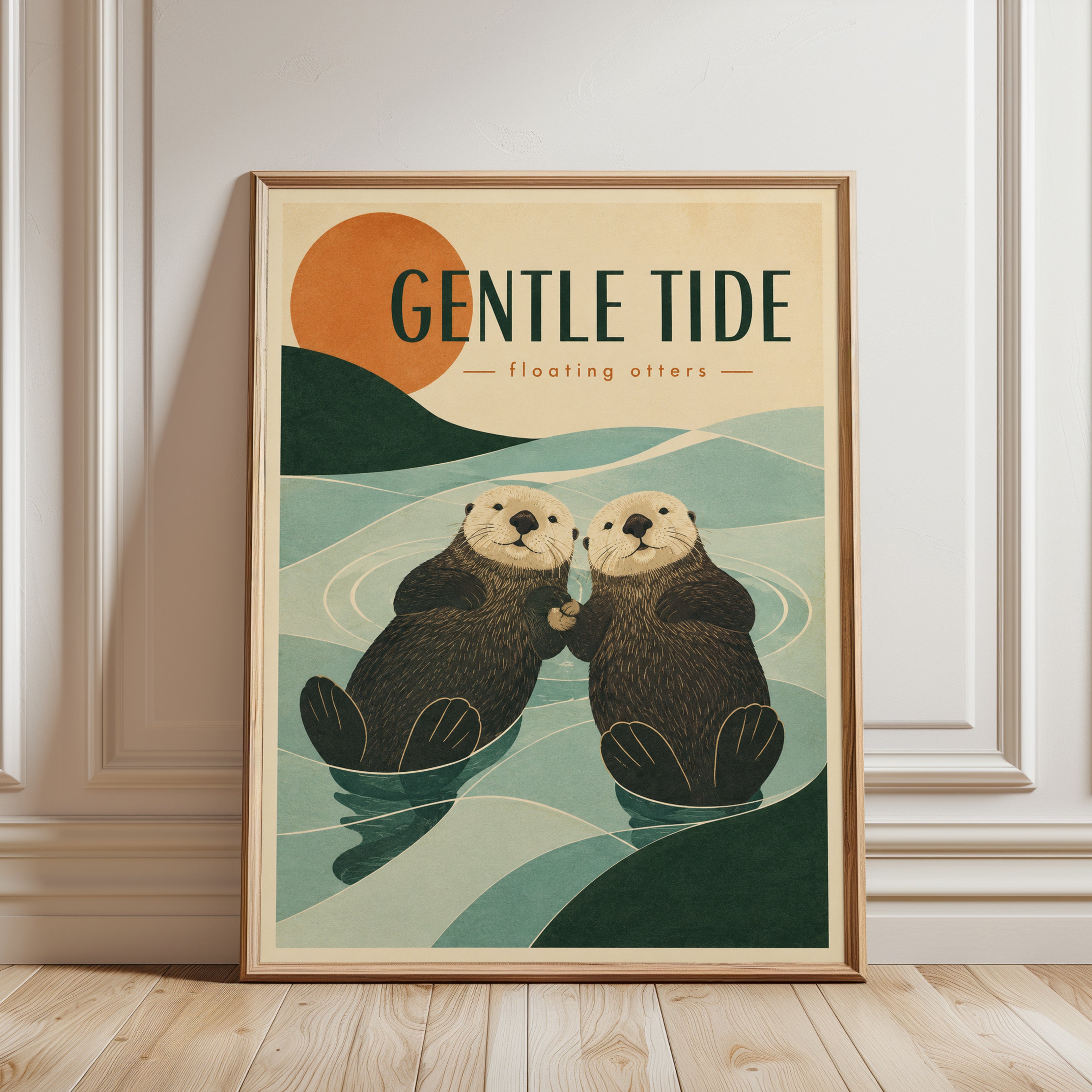 Gentle Tide Otters Art Print: Vintage Mid-Century Wildlife Poster - framed detail