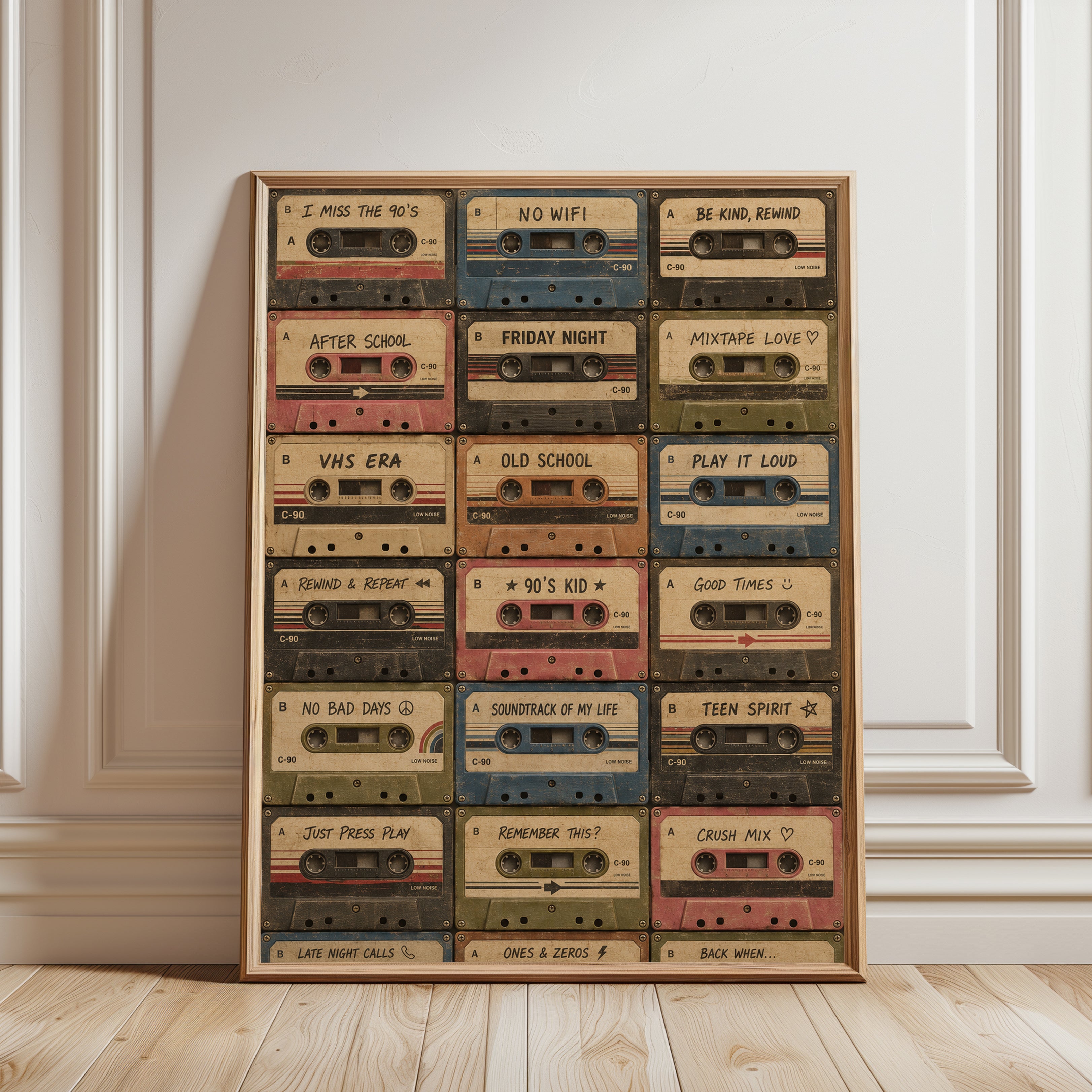 Retro Cassette Tape Print: 90s Nostalgia Music Wall Art - framed detail