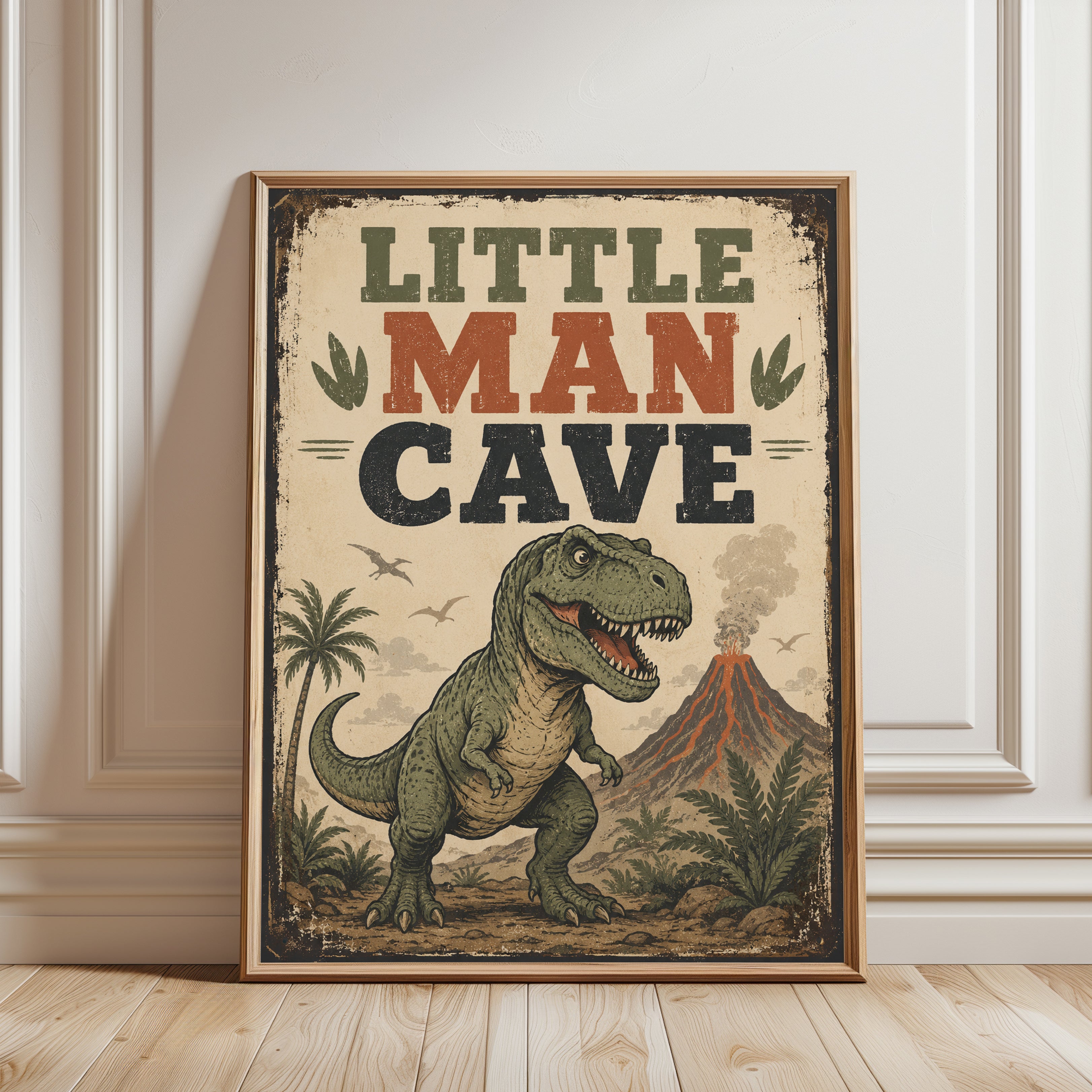 Dinosaur Nursery Wall Art – Little Man Cave Print - framed detail