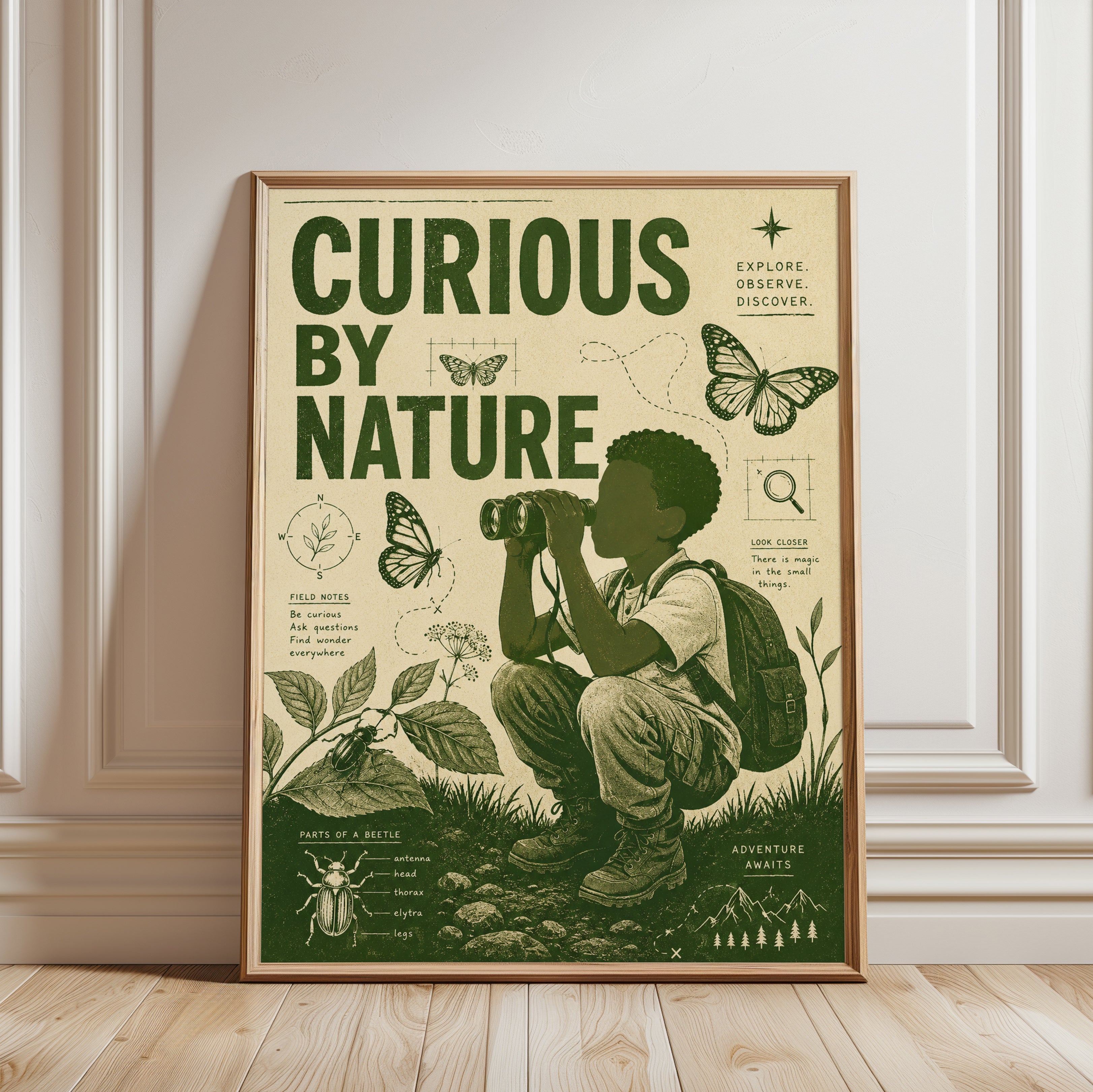 Curious By Nature Explorer Print: Vintage Green Nature Study Art - framed detail