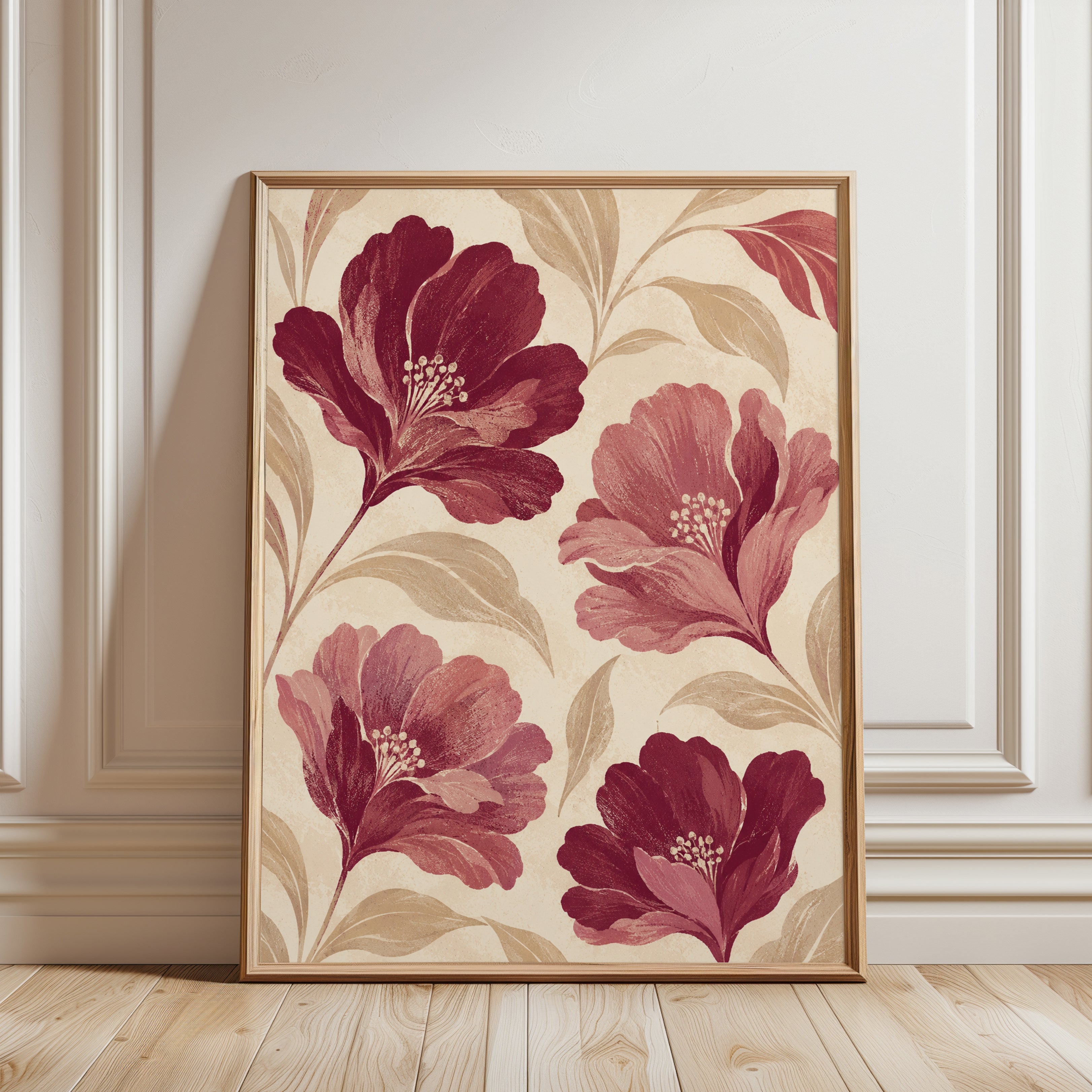 Vintage Floral Wall Art – Burgundy Flower Print - framed detail