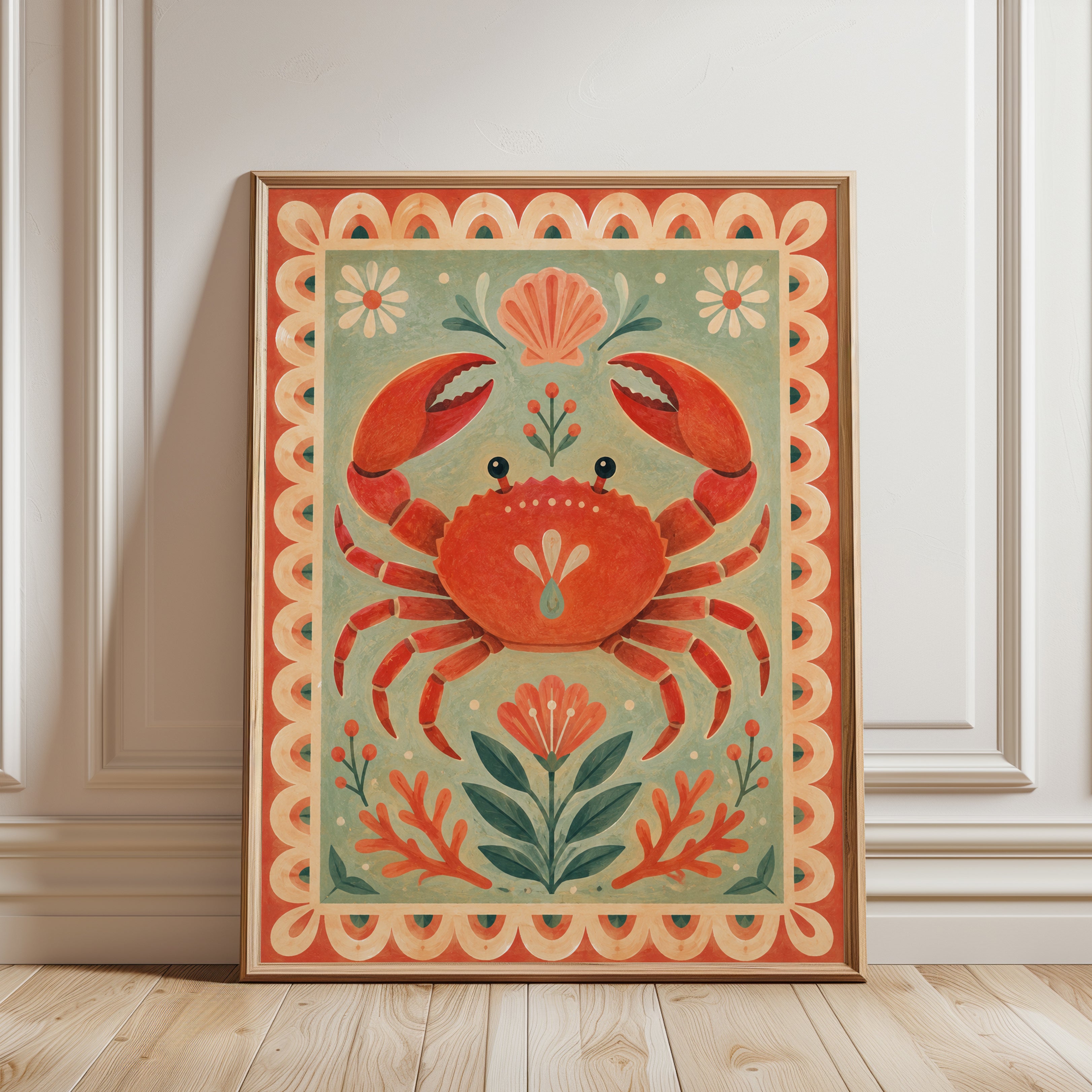 Folk Art Crab Print – Coastal Kitchen Wall Art - framed detail
