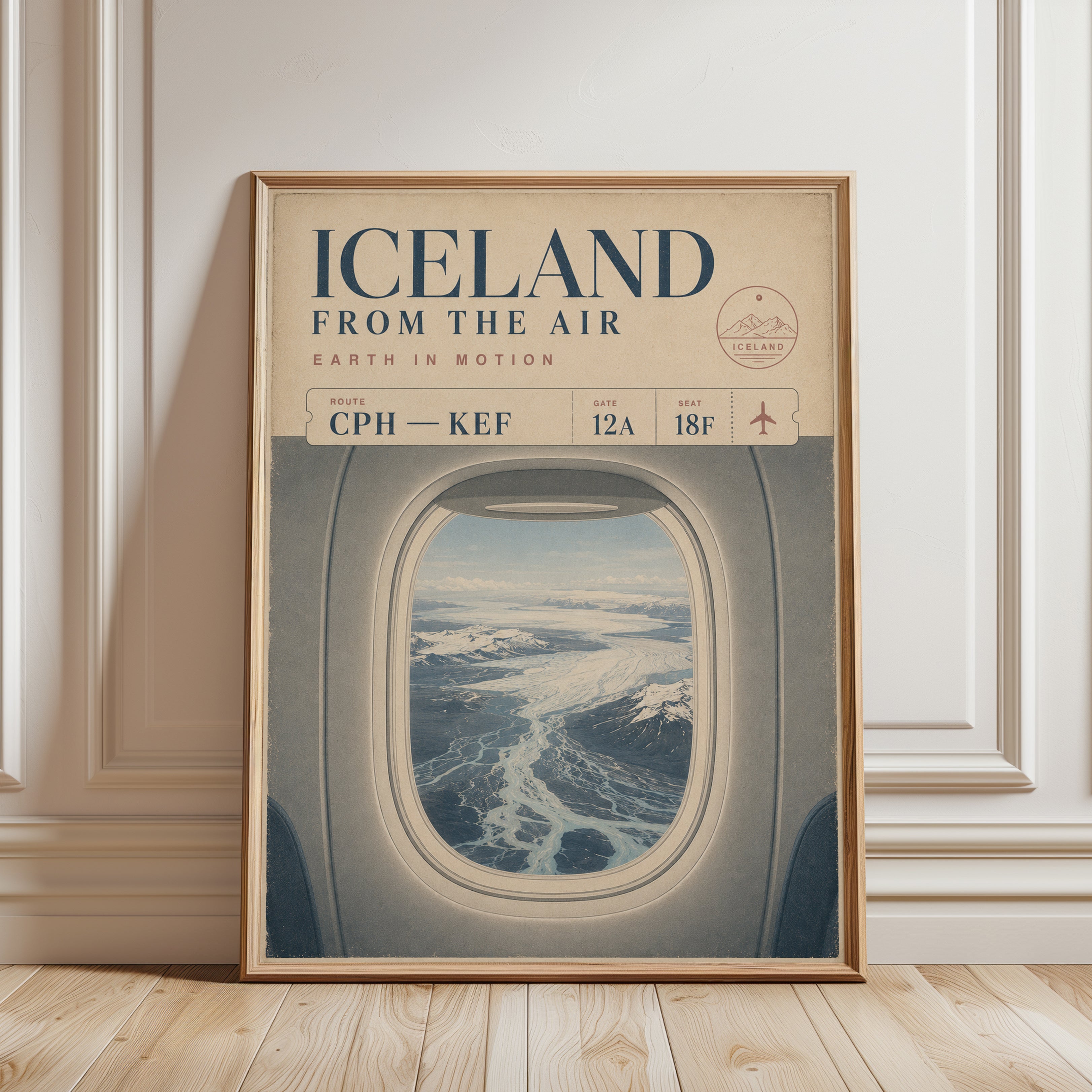 Iceland Aerial View Travel Poster: Vintage Aviation Wall Art - framed detail