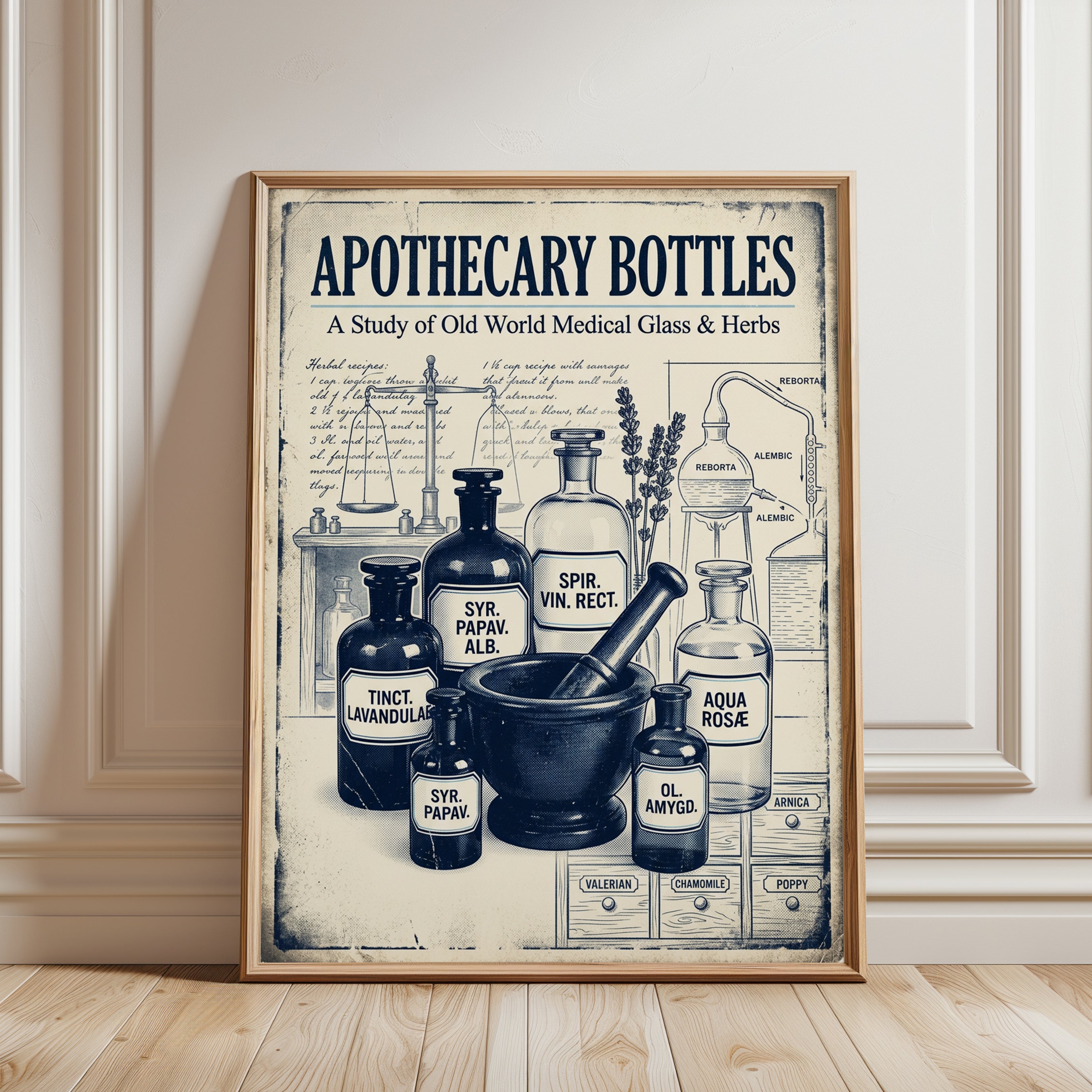 Apothecary Bottles Print: Vintage Medical Pharmacy Wall Art - framed detail
