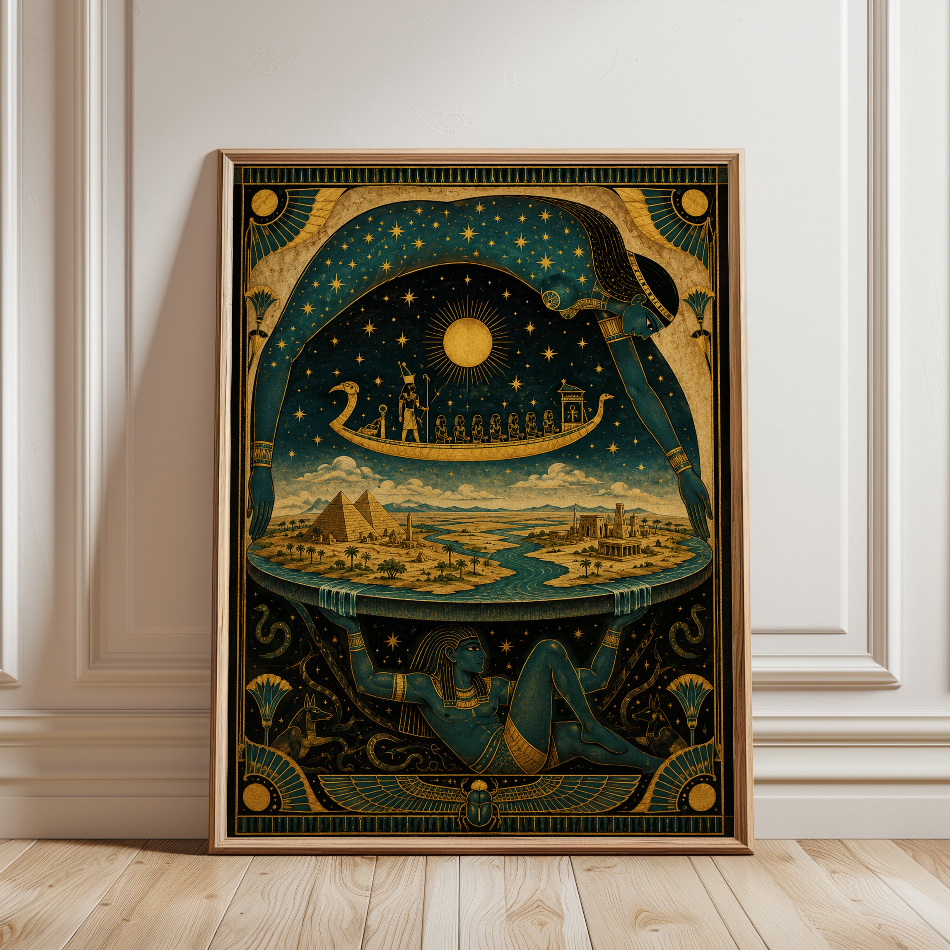 Egyptian Mythology Art Print: Art Deco Celestial Goddess Design - framed detail