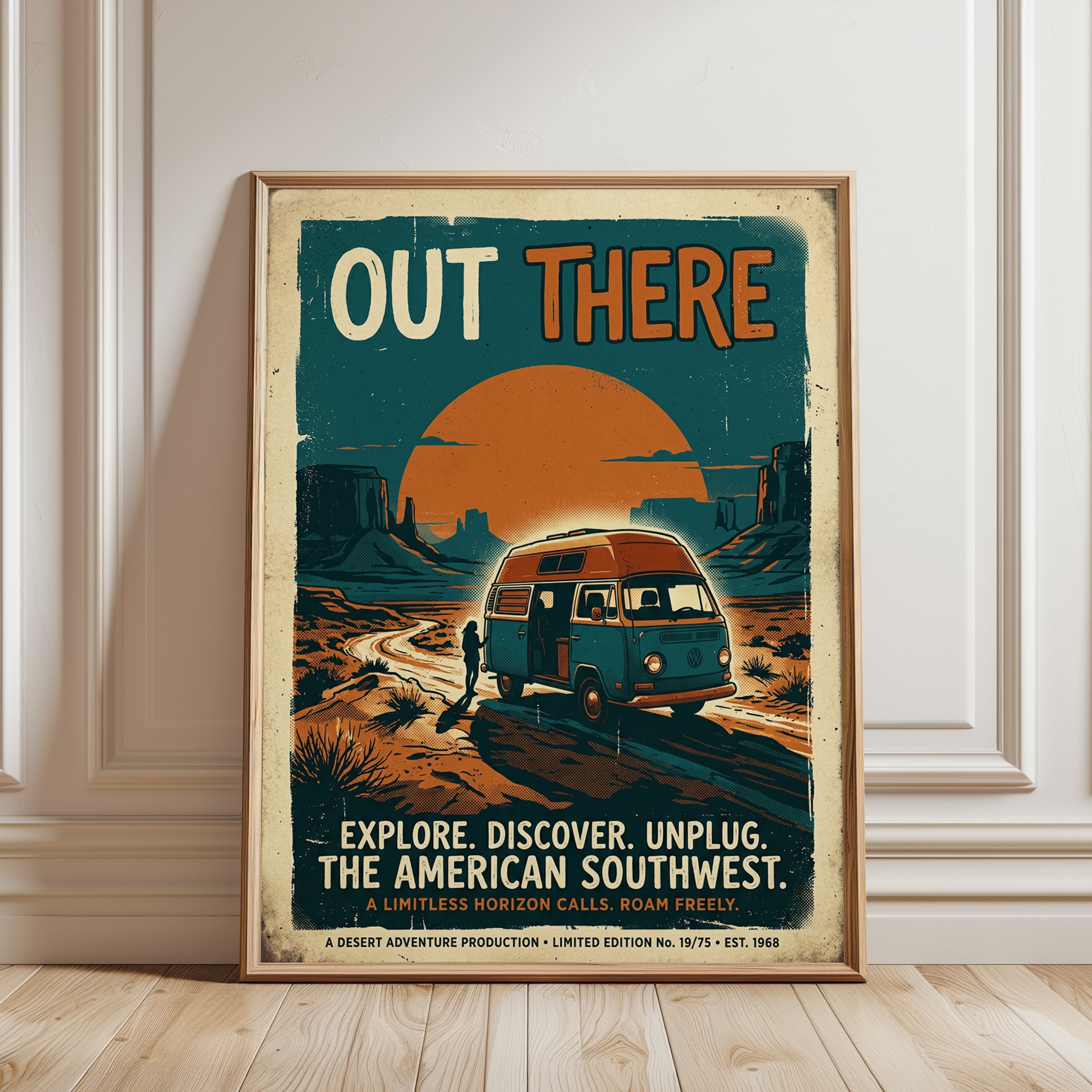 Vintage Travel Poster Print — Southwest Desert Van Life - framed detail