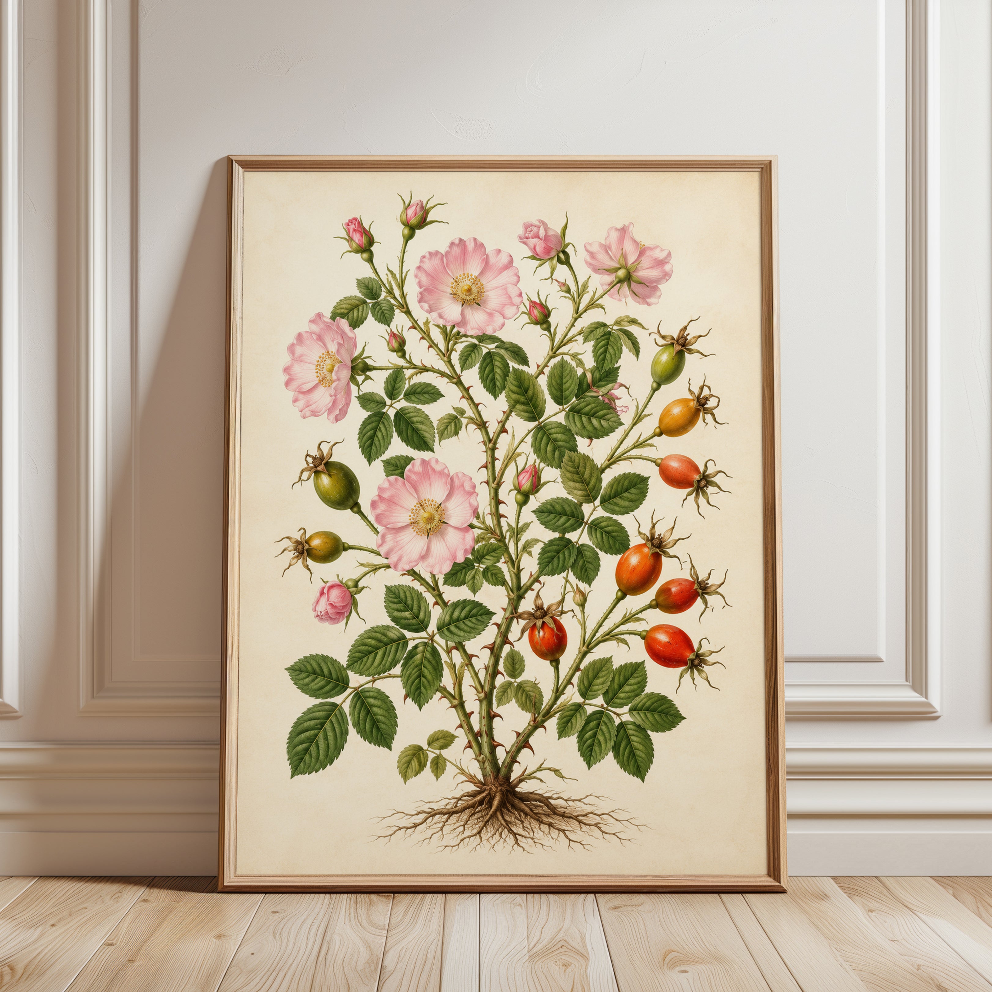 Vintage Botanical Rose Print — Antique Hand-Painted Wild Rose - framed detail