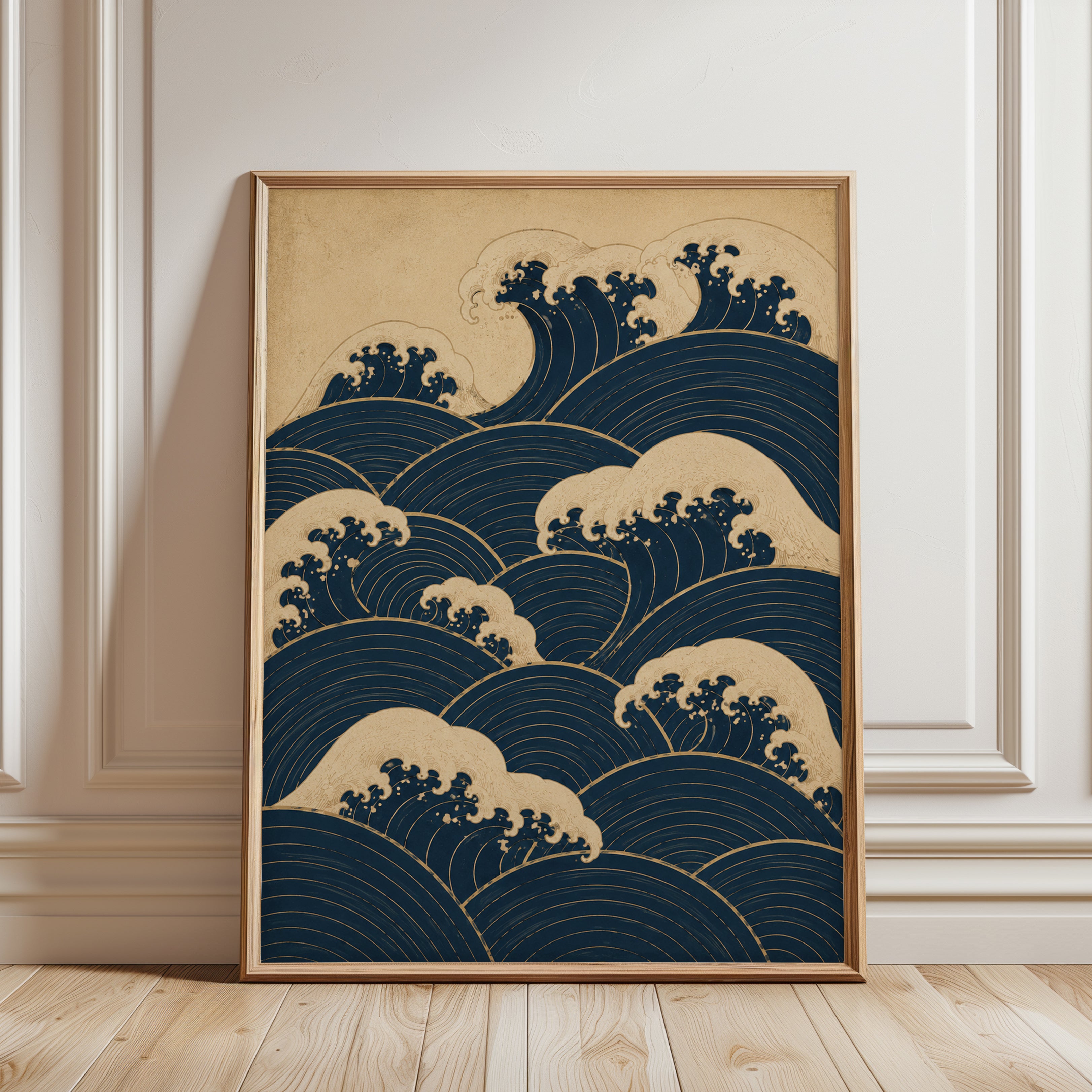 Japanese Wave Art Print: Traditional Seigaiha Pattern in Navy - framed detail