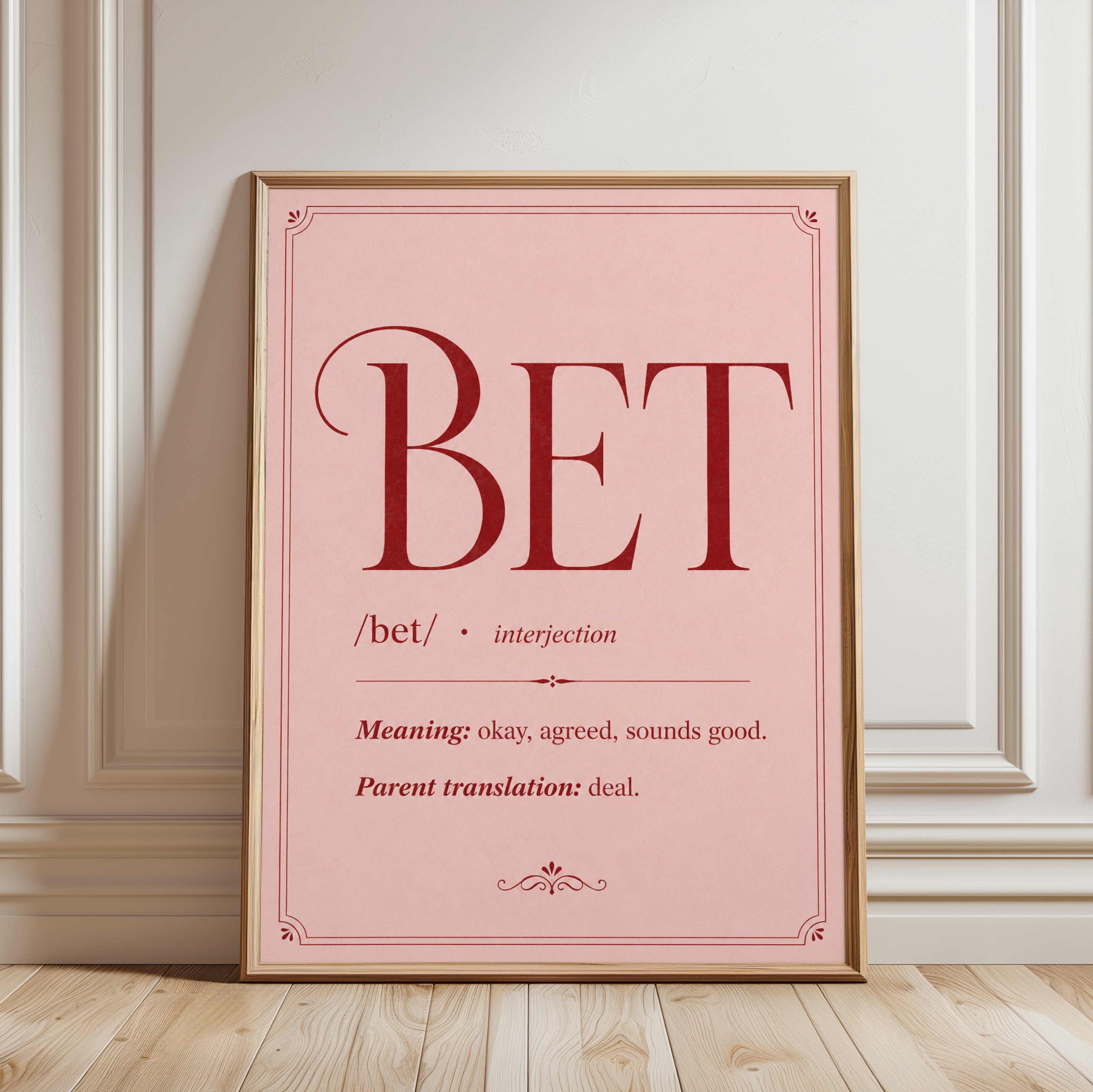 Bet Definition Typography Poster: Pink Slang Dictionary Art - framed detail