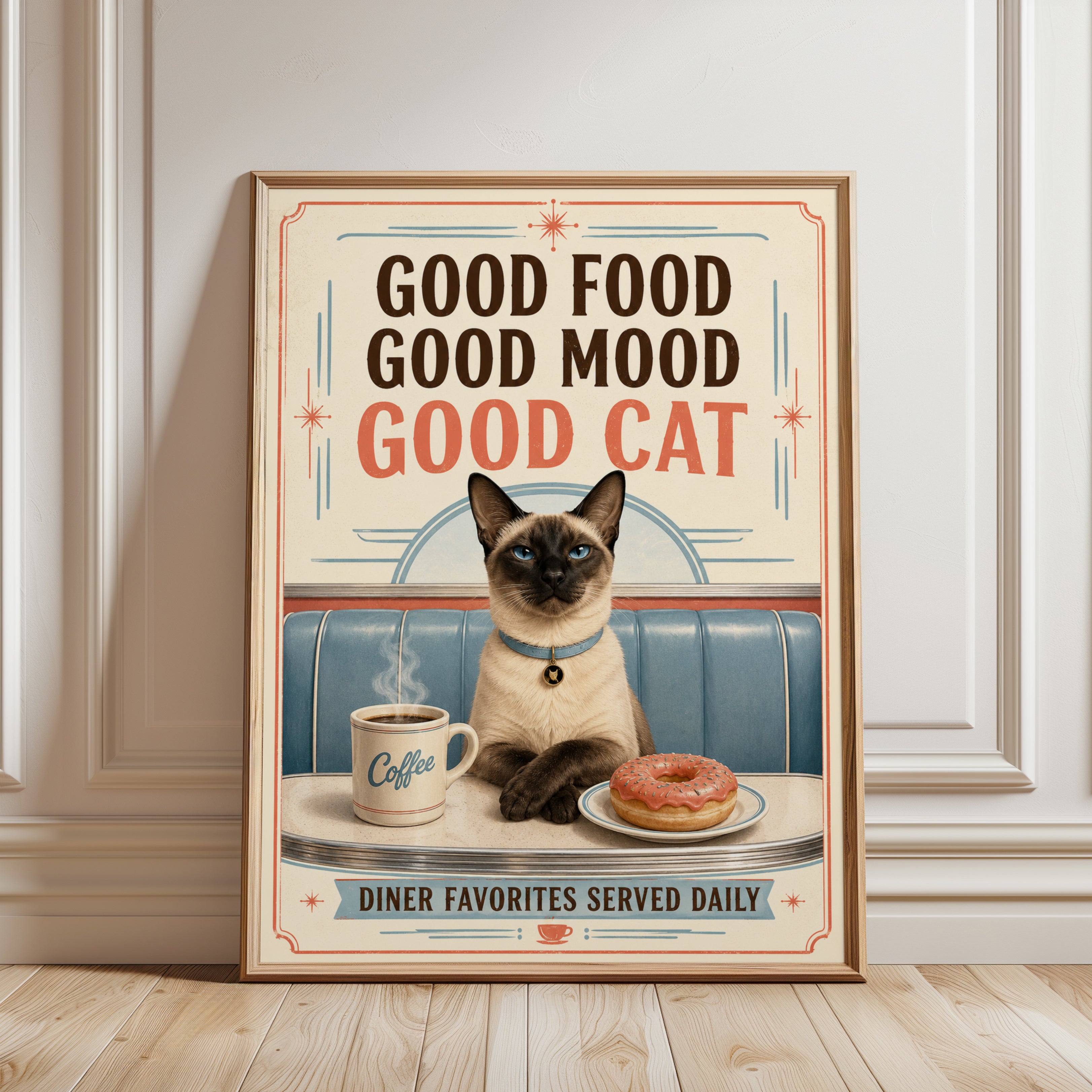 Cat Kitchen Wall Art – Good Food Good Mood Print - framed detail