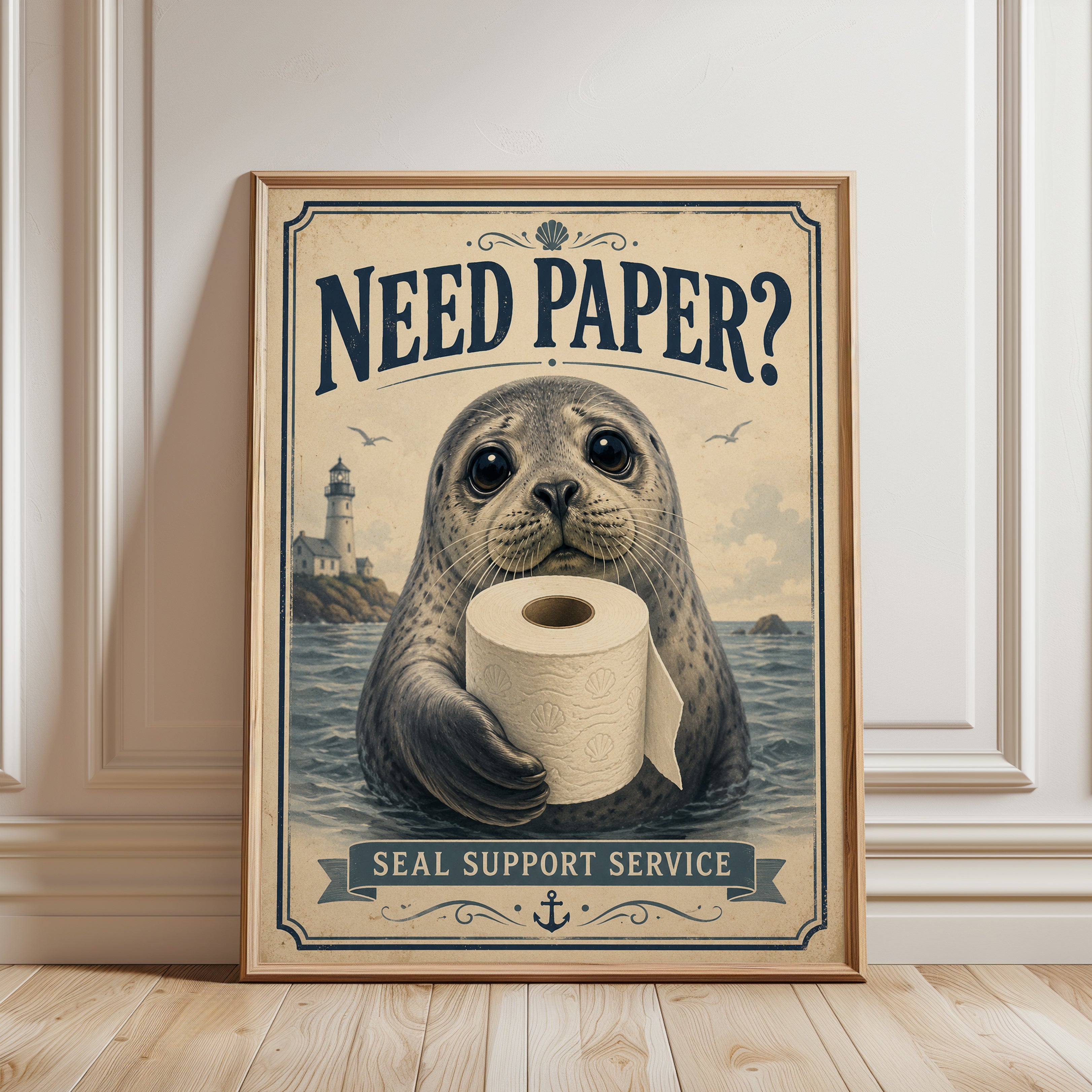 Seal Bathroom Art: Vintage Nautical Humor (Powder Room Decor) - framed detail