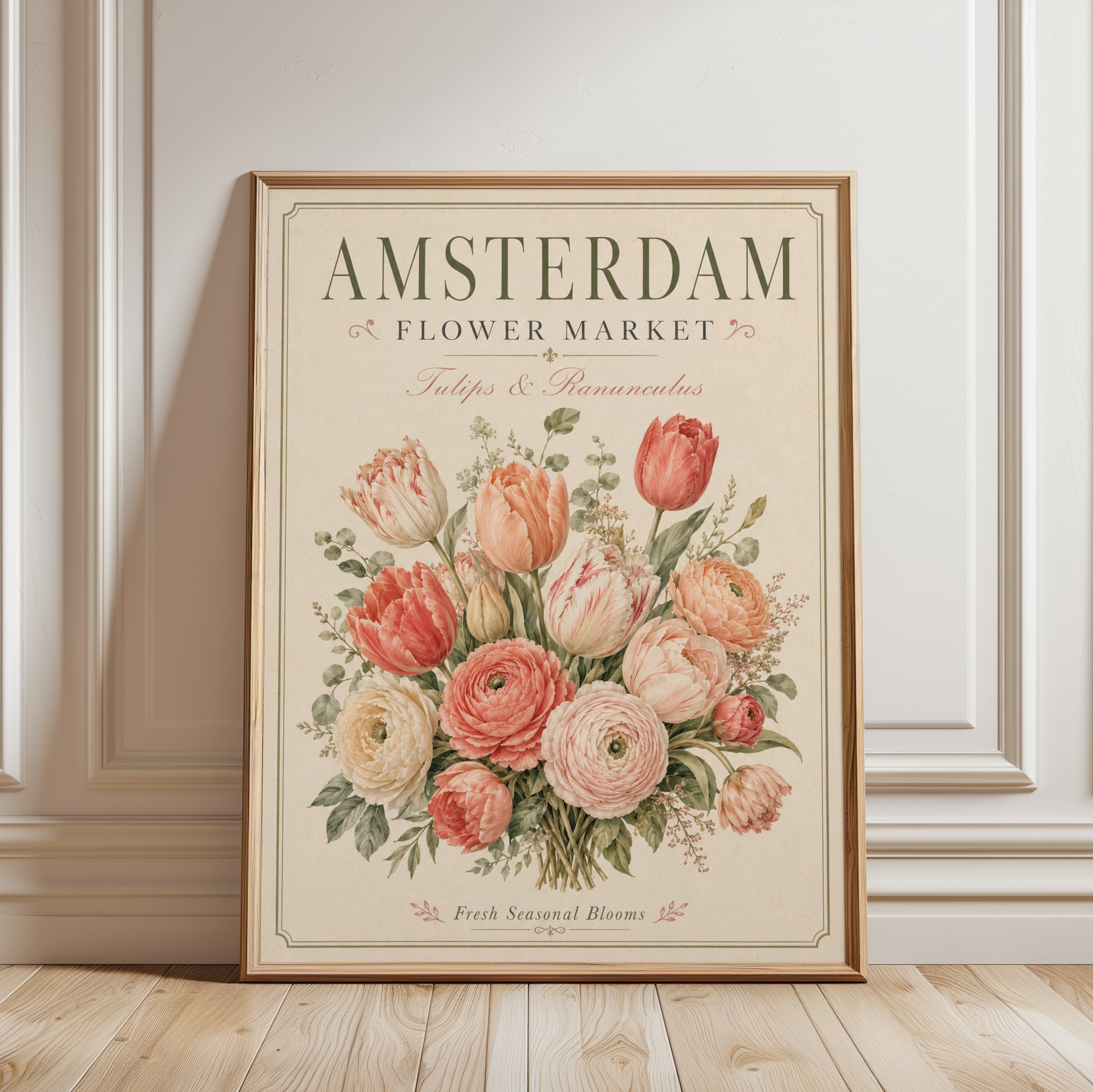Amsterdam Flower Market Print — Vintage Botanical Tulips & Ranunculus - framed detail