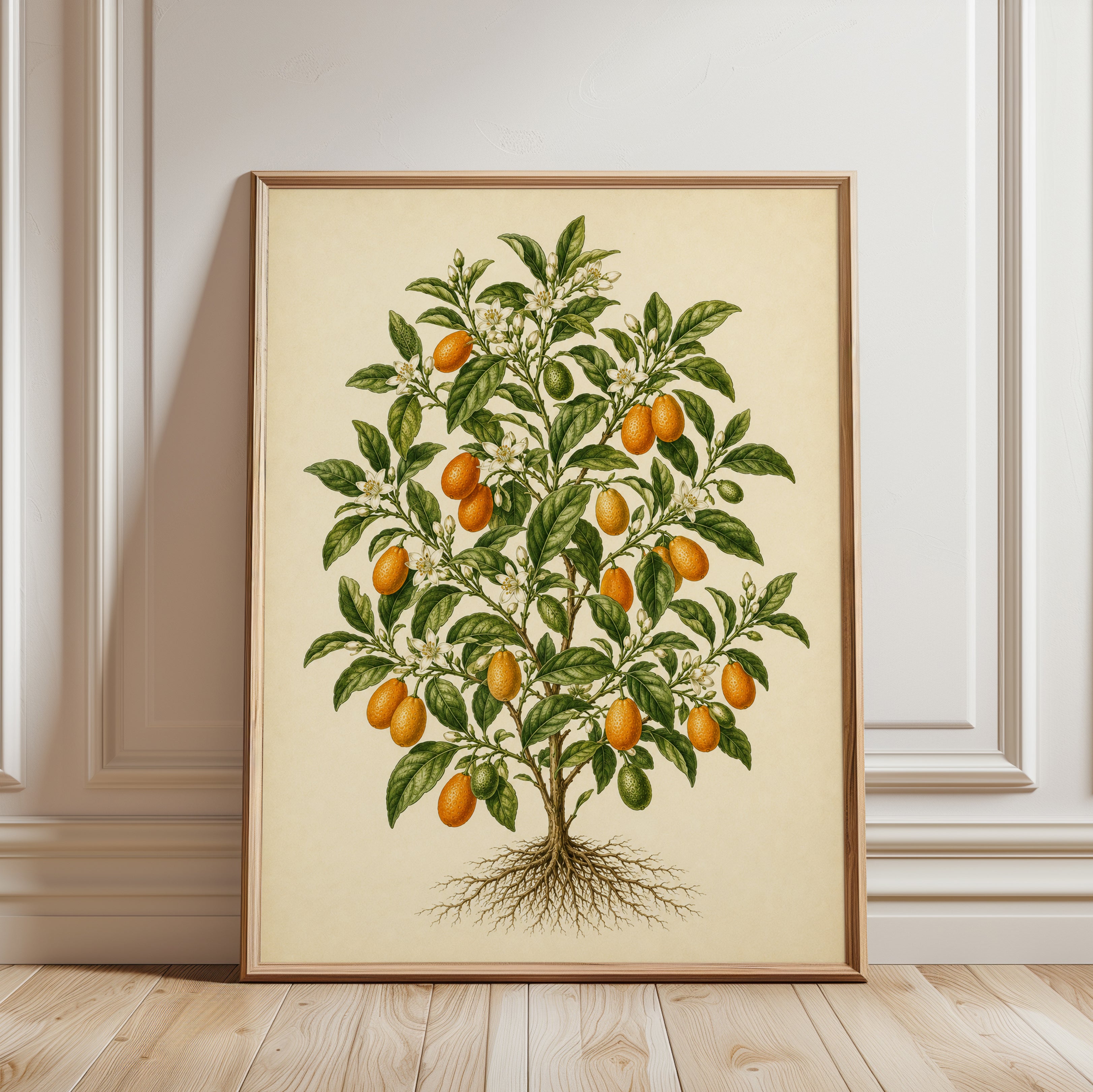 Vintage Citrus Tree Botanical Print — Antique Oranges Illustration - framed detail