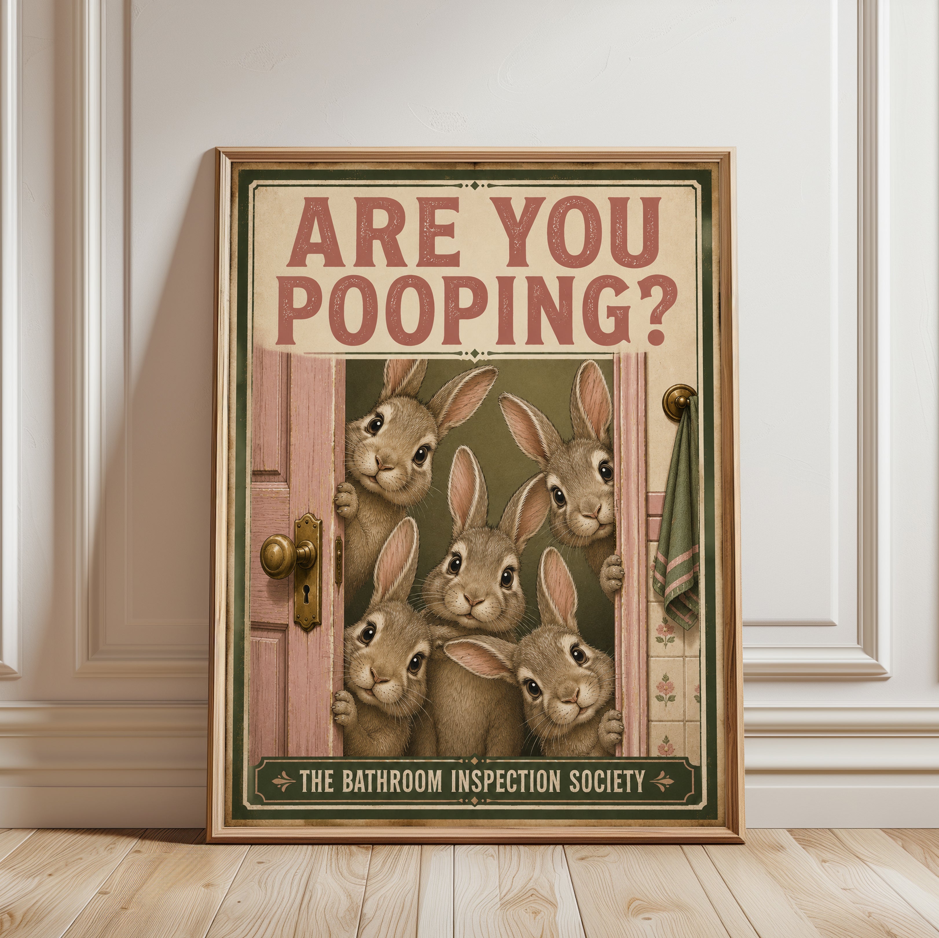 Bathroom Wall Art: Whimsical Bunny Humor (Vintage Style Print) - framed detail