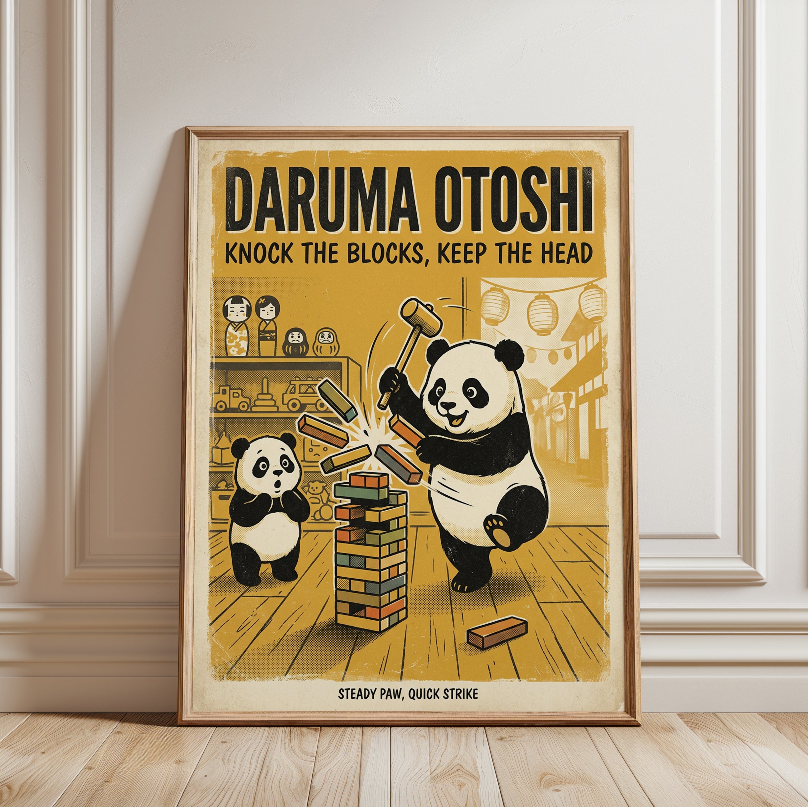 Daruma Otoshi Panda Poster: Vintage Japanese Game Art Print - framed detail