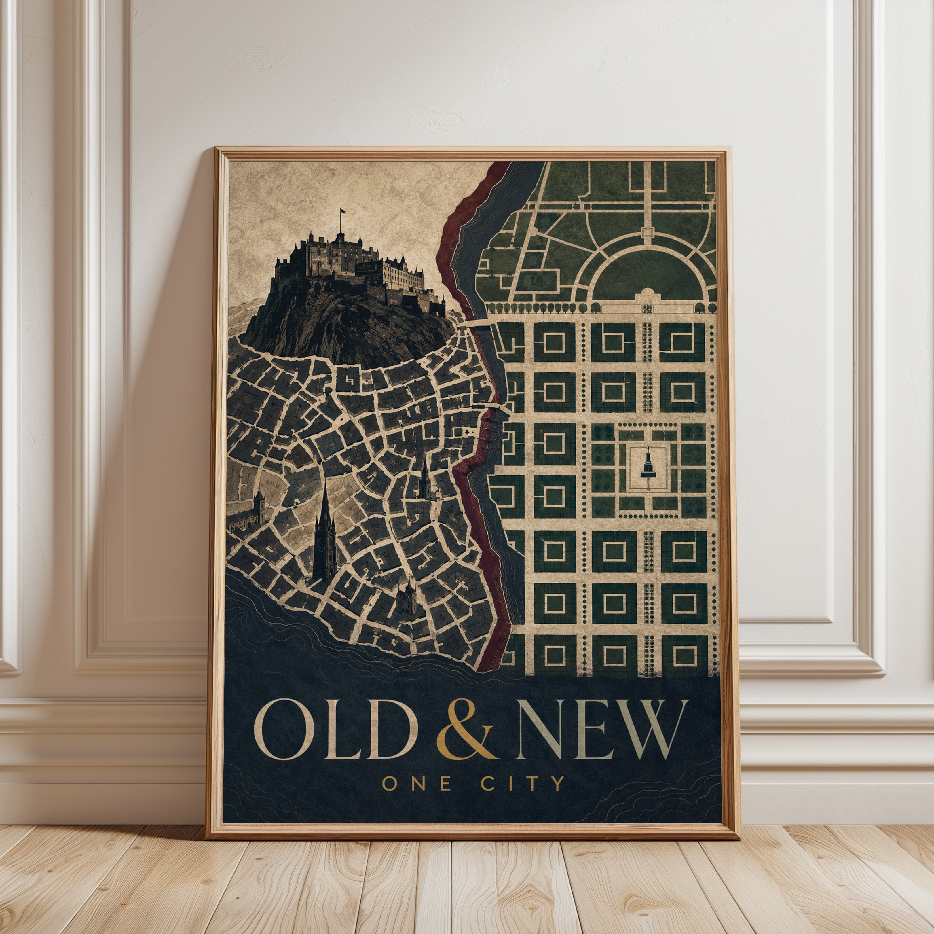 Vintage Map Wall Art – Old and New City Print - framed detail
