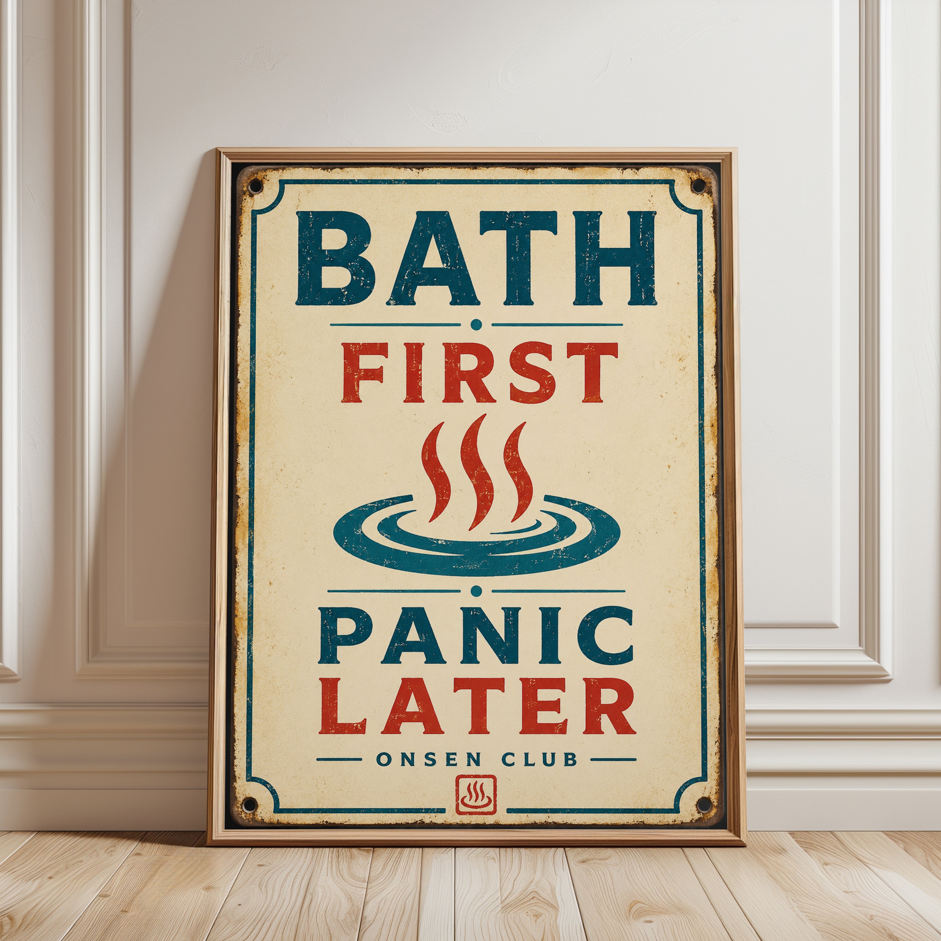 Bath First Panic Later – Retro Sign - framed detail
