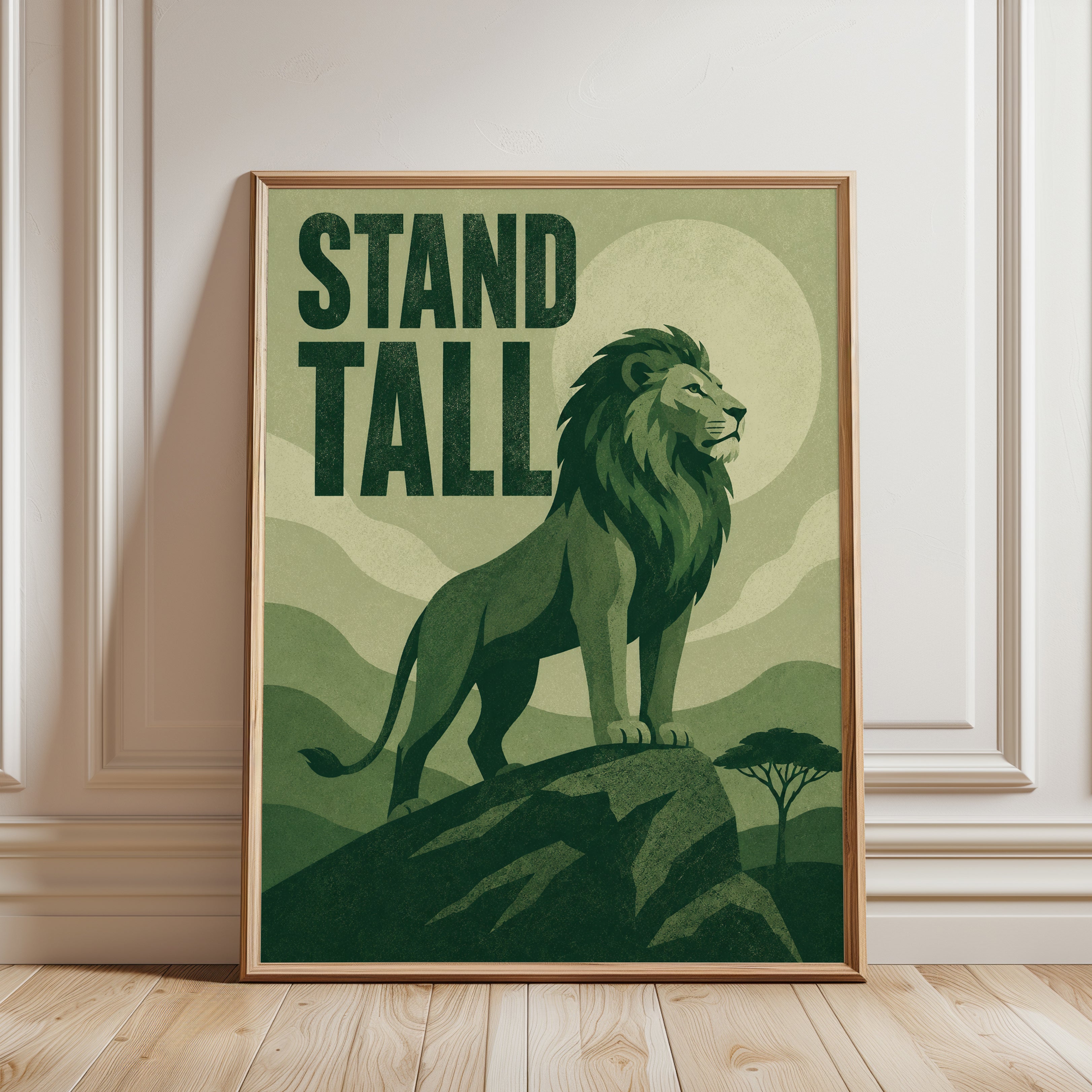 Stand Tall Lion Poster: Vintage Motivational Art Print - framed detail