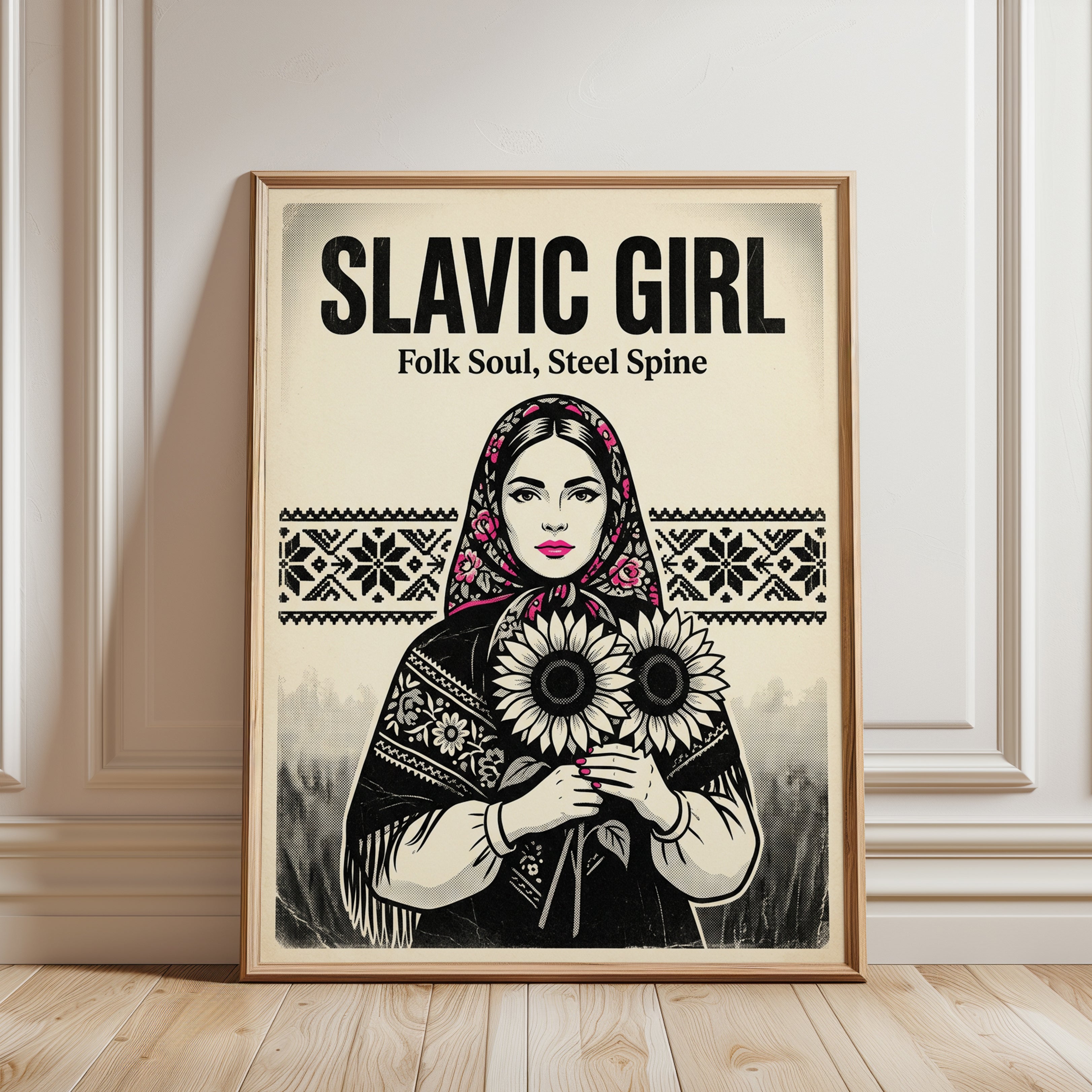 Slavic Folk Art Print: Woman with Sunflowers and Traditional Pattern - framed detail