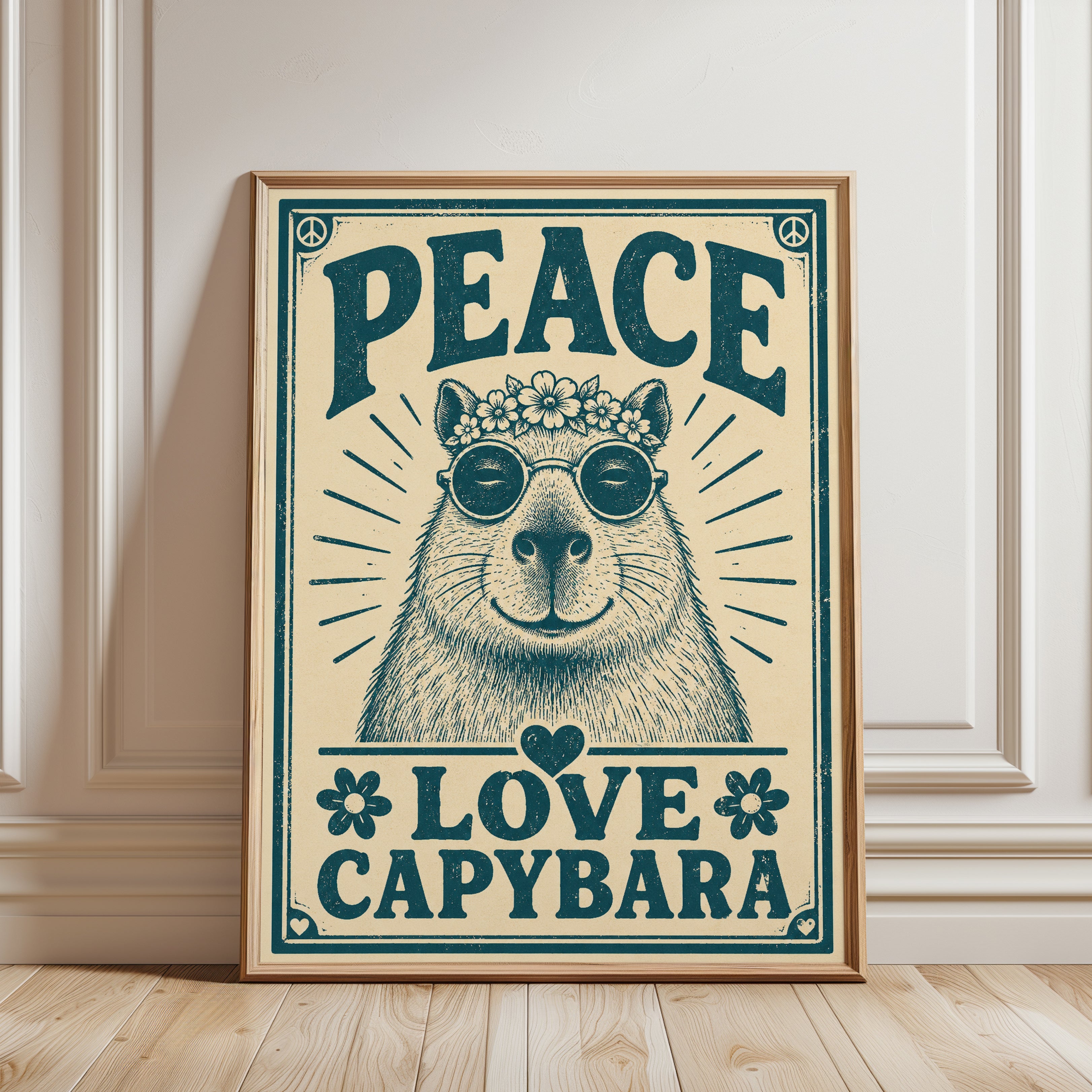 Capybara Wall Art: Retro Hippie Vibes (Peace & Love Poster) - framed detail