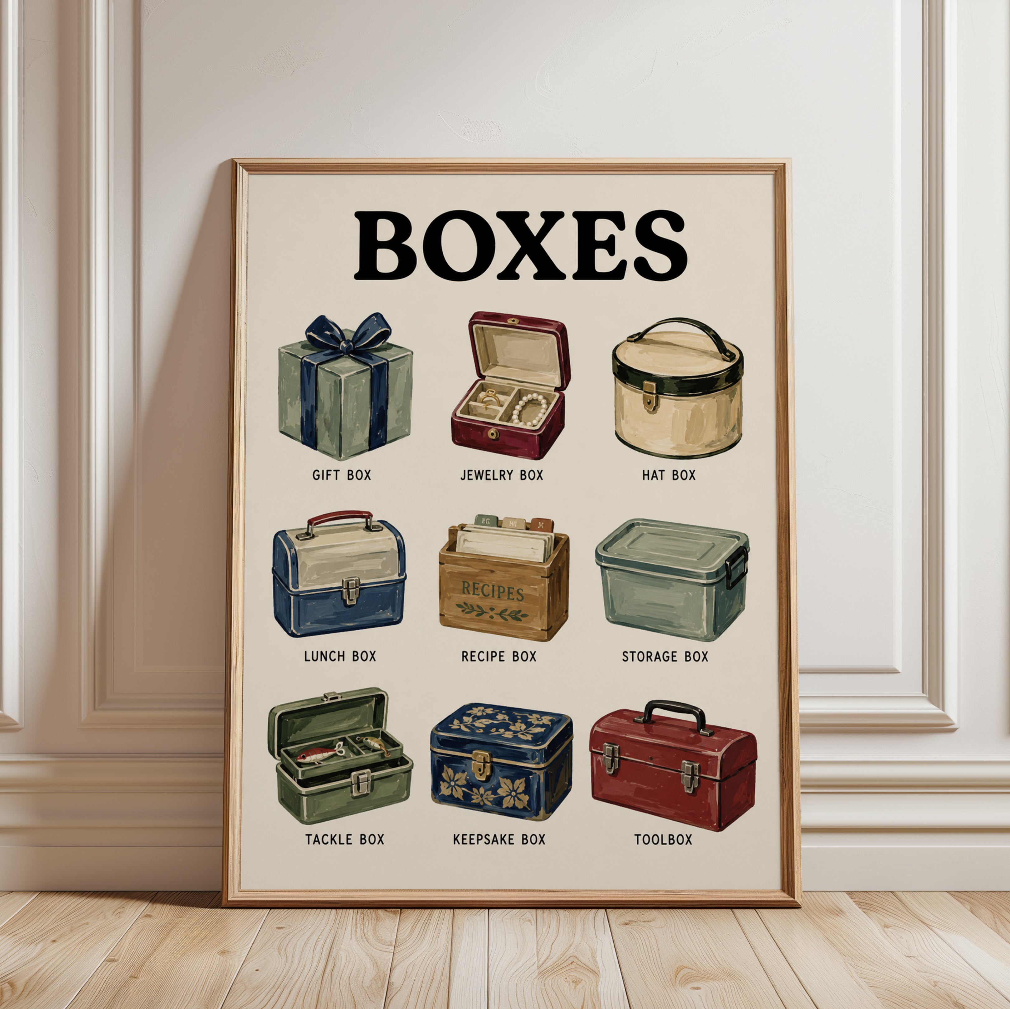 Vintage Boxes Collection Print: Retro Illustration Wall Art - framed detail