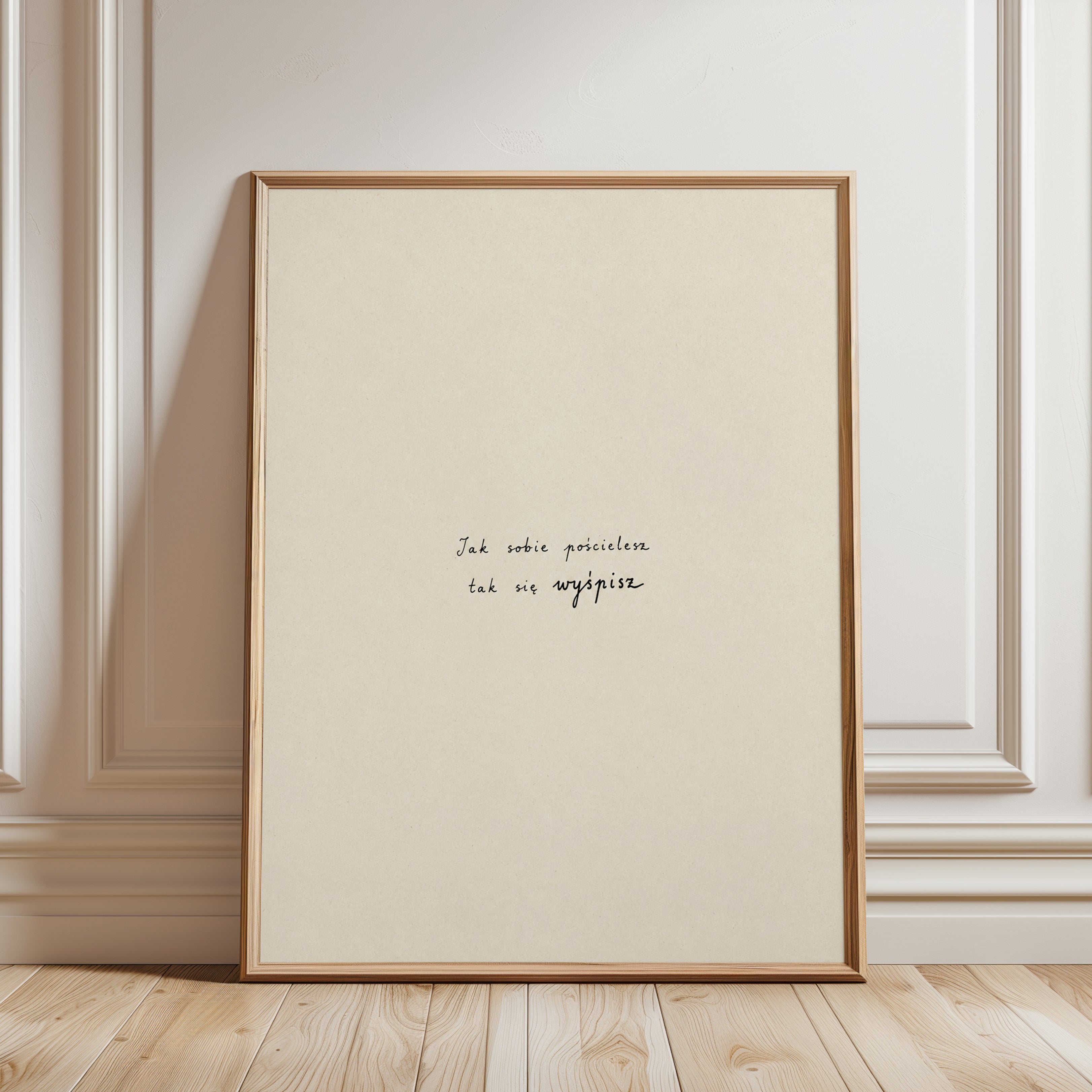 Polish Calligraphy Art Print: Minimalist Beige Typography - framed detail