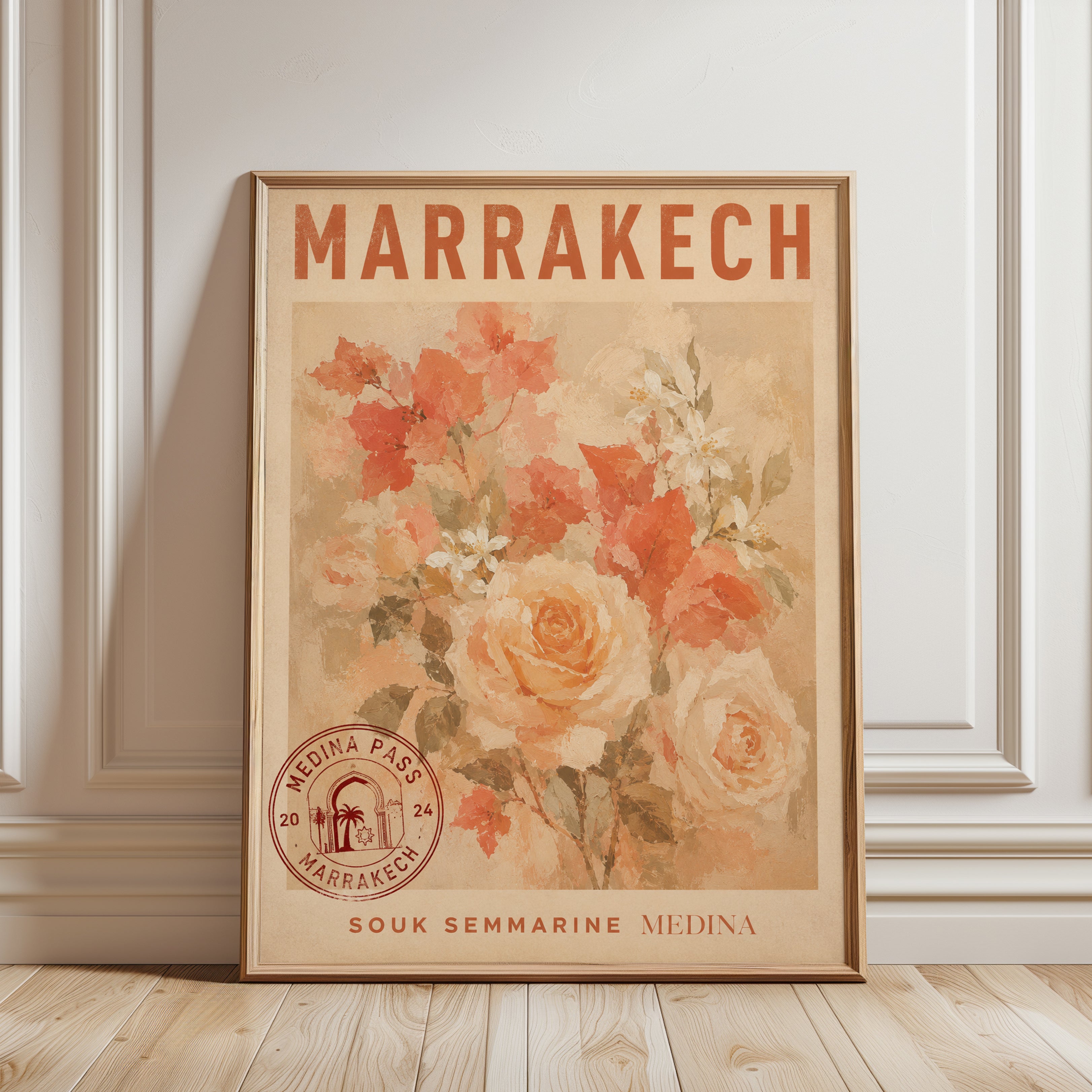 Marrakech Travel Poster – Vintage Floral Wall Art - framed detail