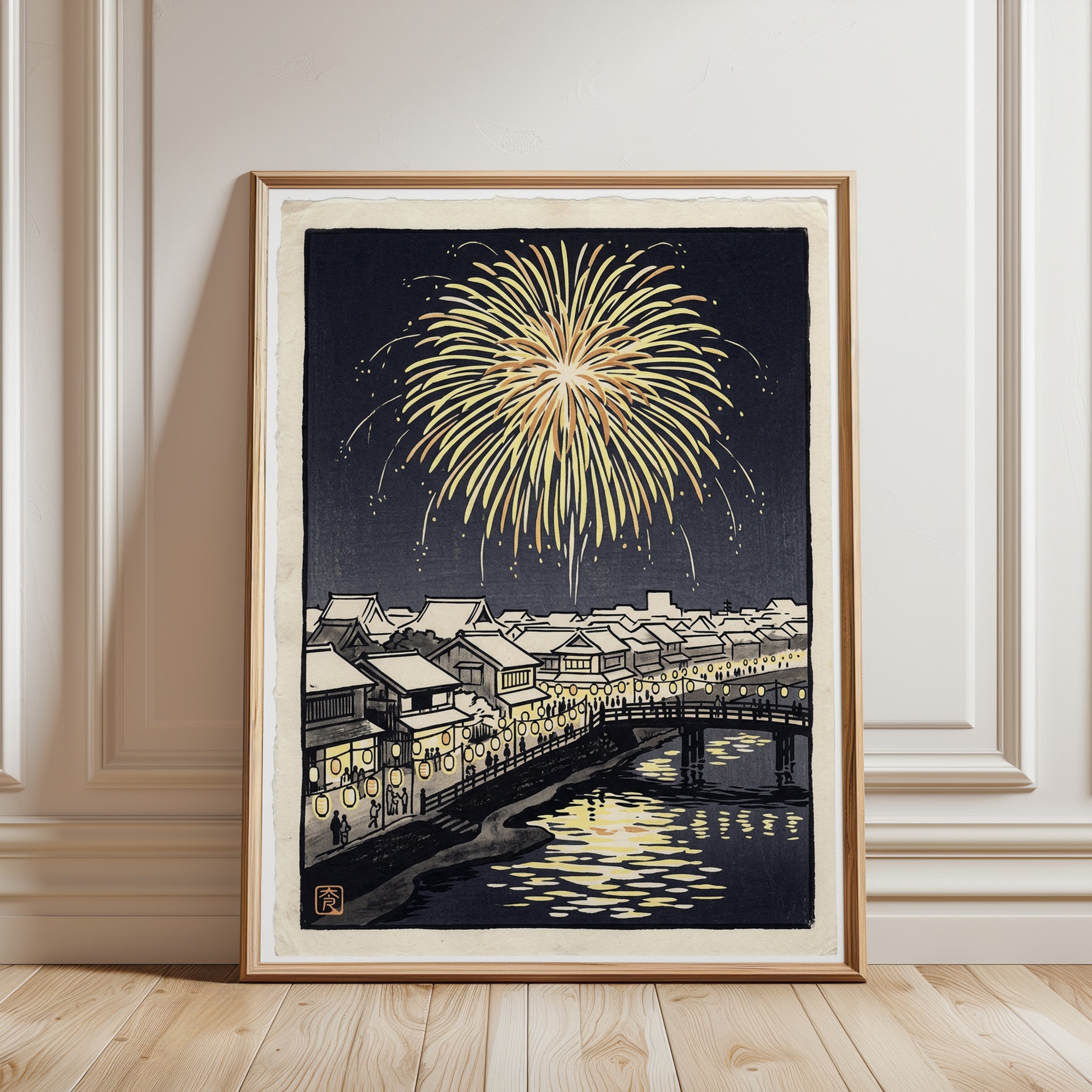 Japanese Fireworks Print: Woodblock Night Scene with Bridge - framed detail