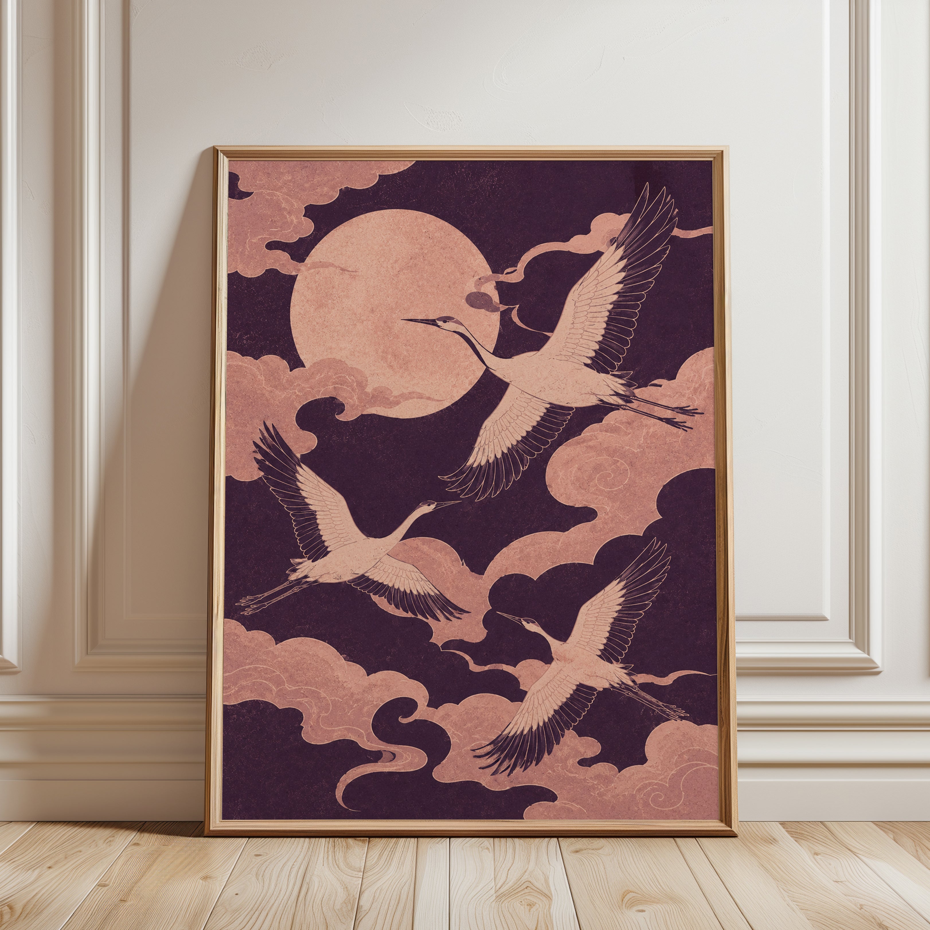 Japanese Crane Art Print: Moon & Cloud Design in Pink and Purple - framed detail