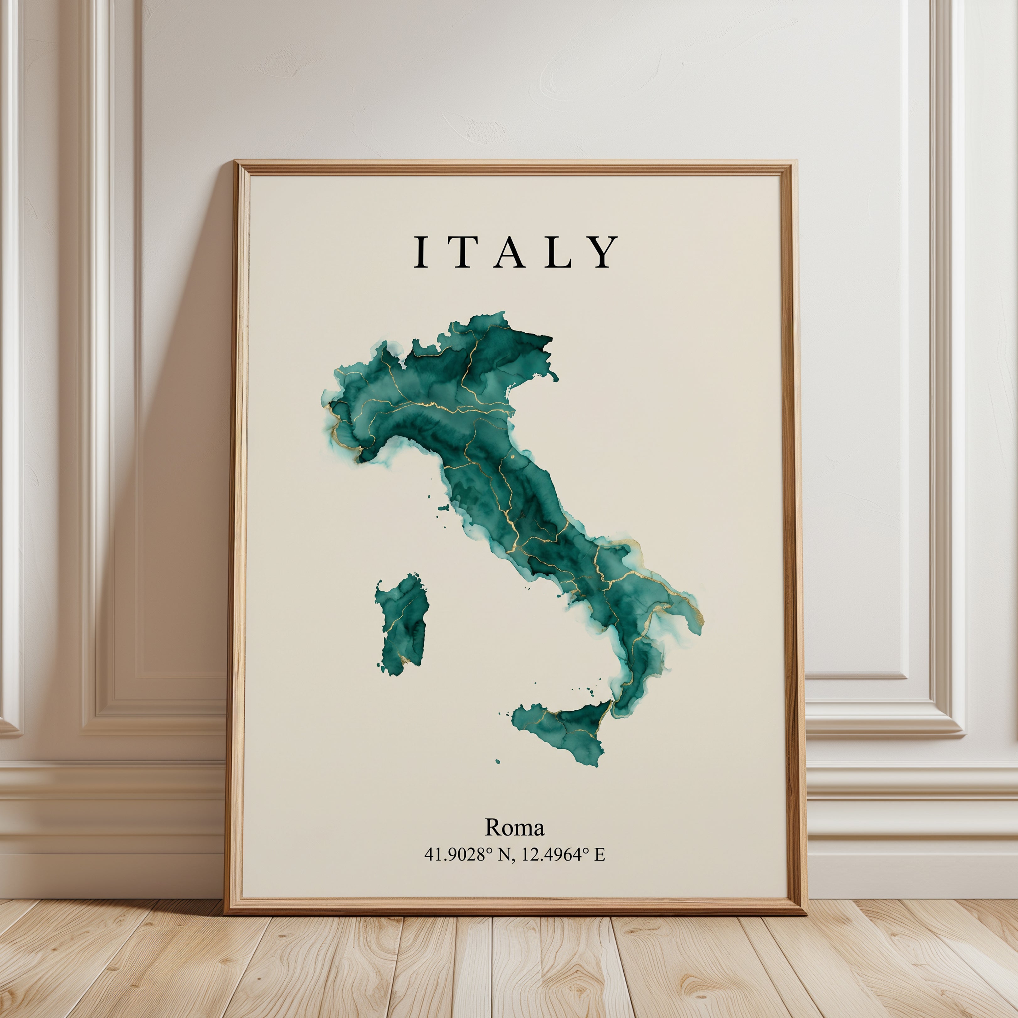 Italy Map Print – Teal Gold Watercolor Cartography Travel Decor - framed detail