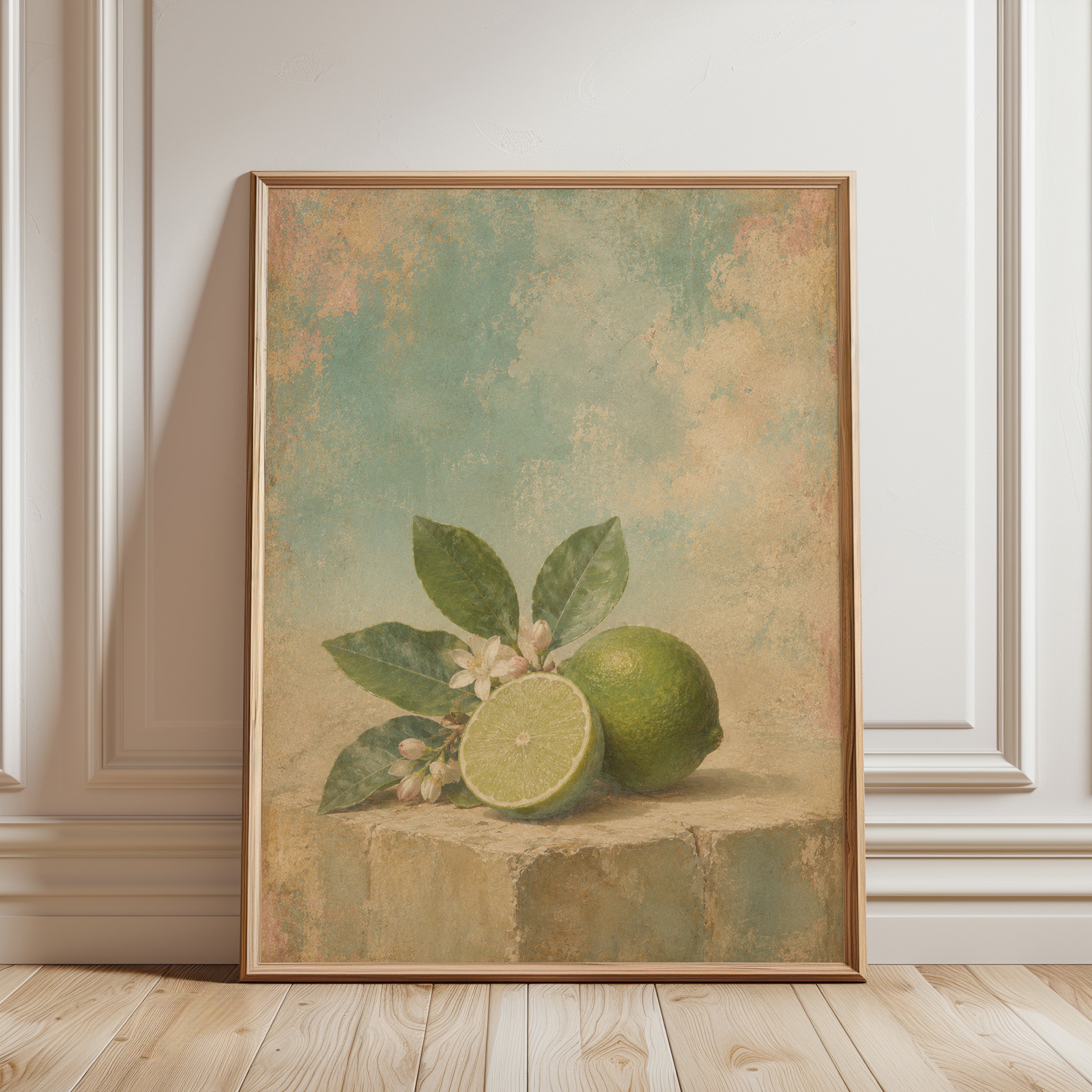 Vintage Lime Still Life Print: Botanical Art with Citrus Blossoms - framed detail