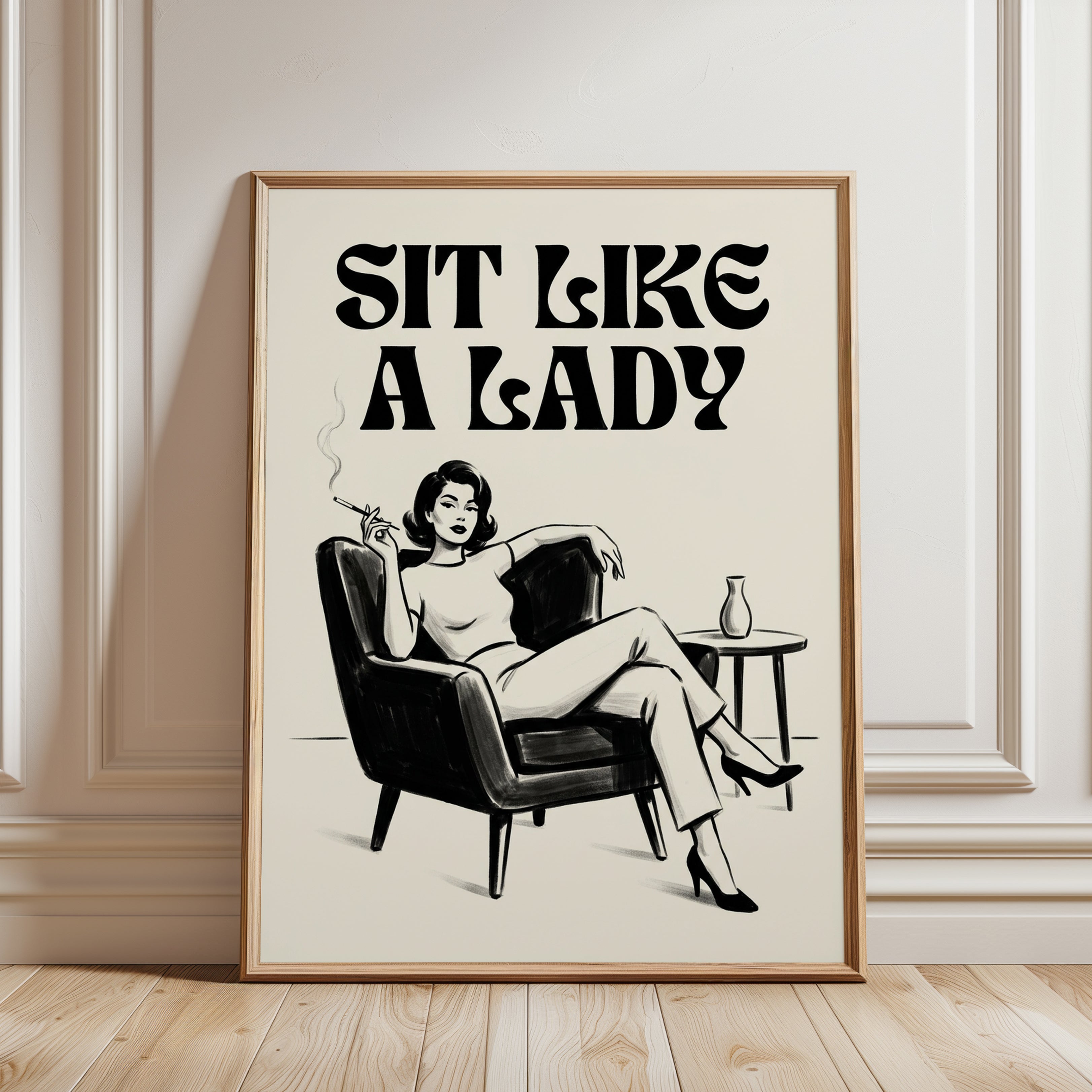 Sit Like A Lady Retro Poster: Mid-Century Modern Illustration - framed detail