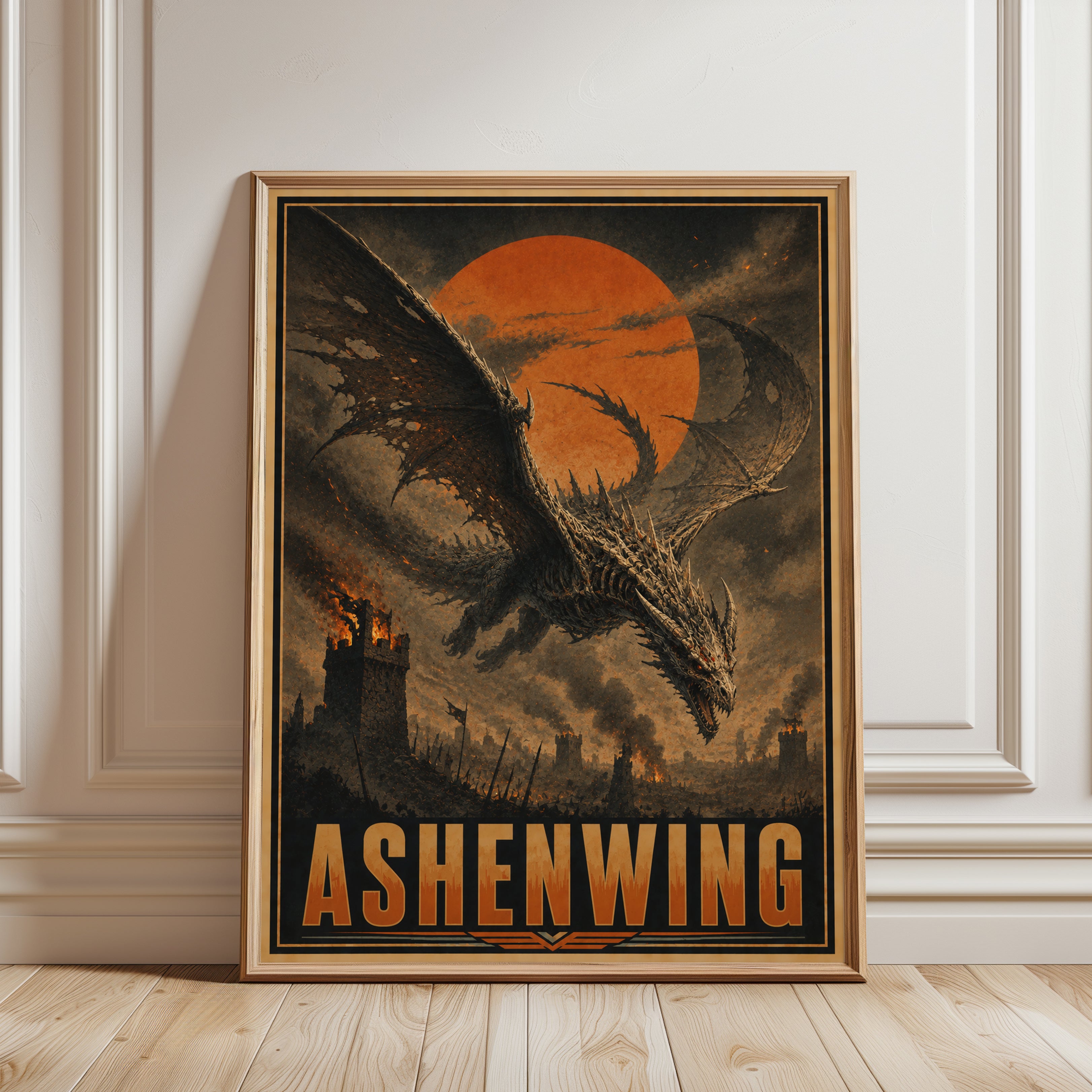 Dragon Silhouette Wall Art: Vintage Fantasy Poster with Orange Sun - framed detail