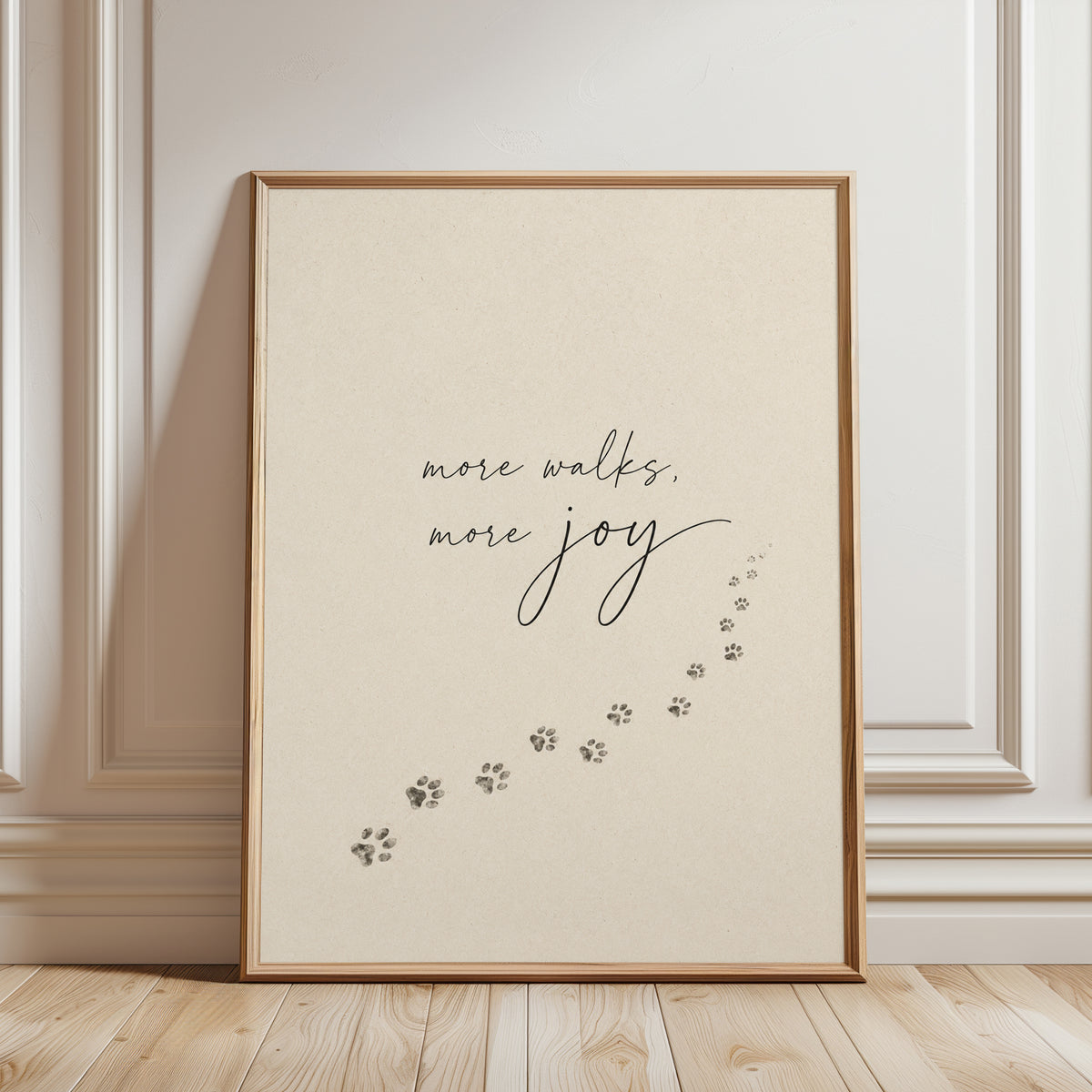 More Walks More Joy Dog Paw Print: Minimalist Typography Art - framed detail