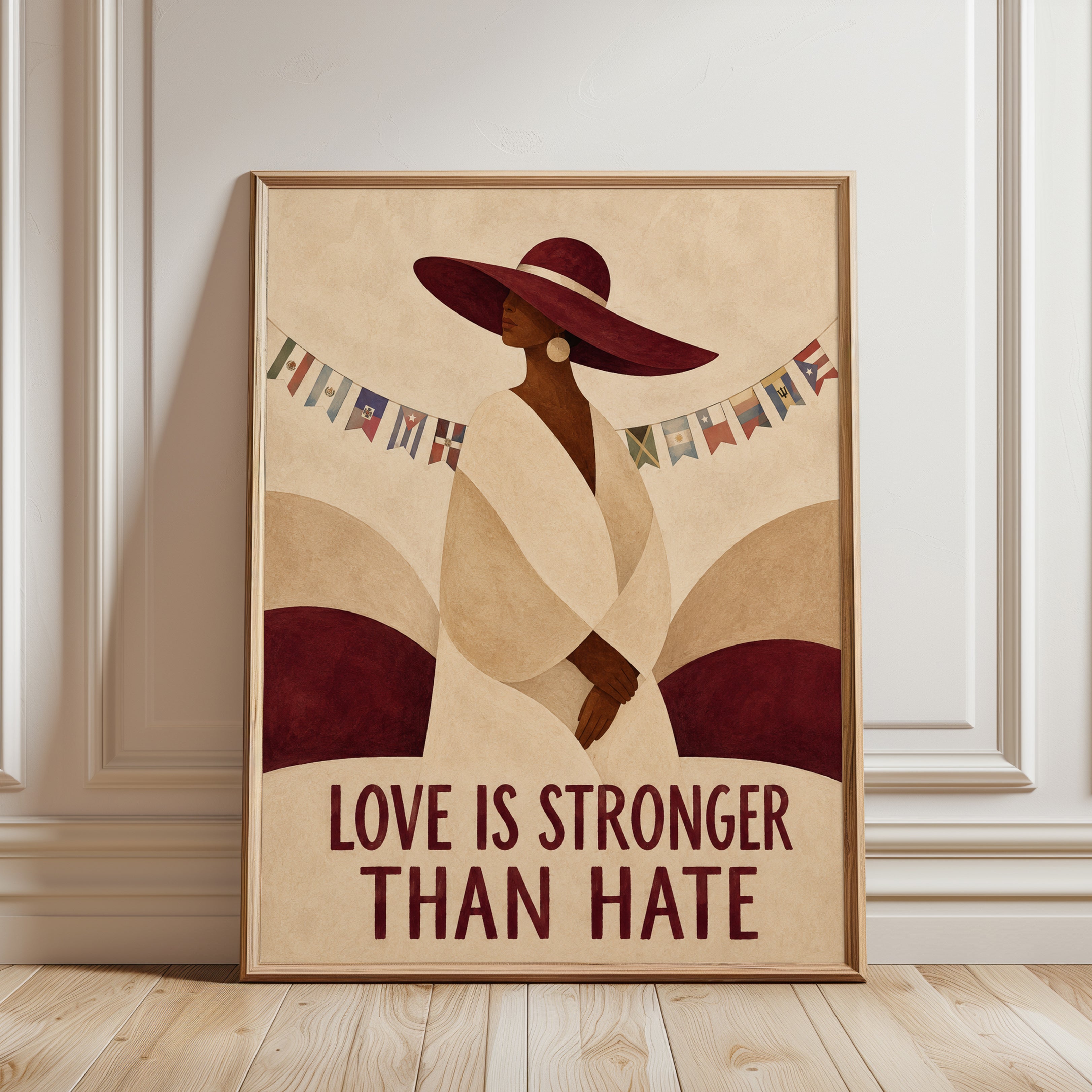 Art Deco Woman Portrait: Burgundy and Beige Geometric Poster - framed detail