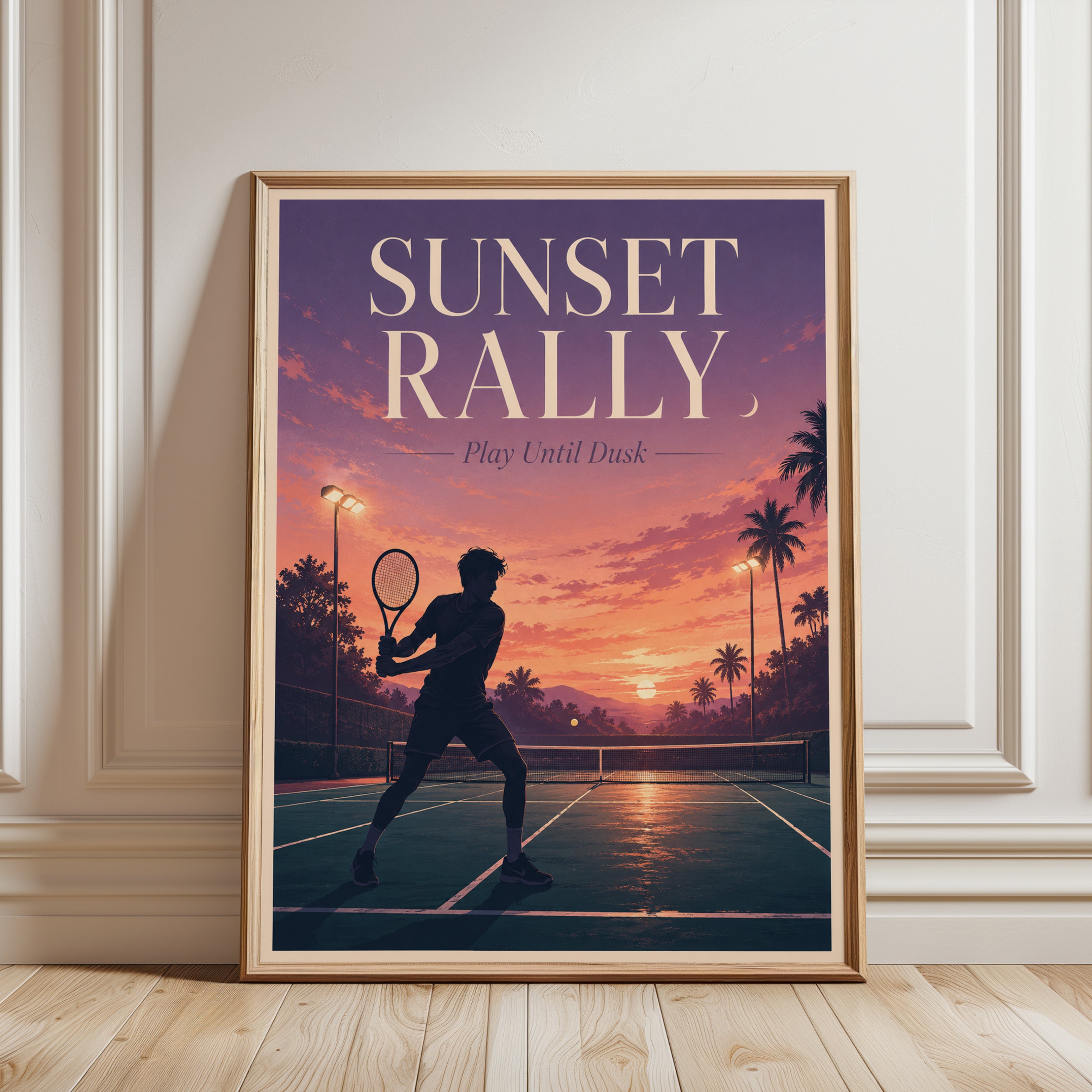 Sunset Tennis Court Poster: Retro Palm Tree Silhouette Art - framed detail