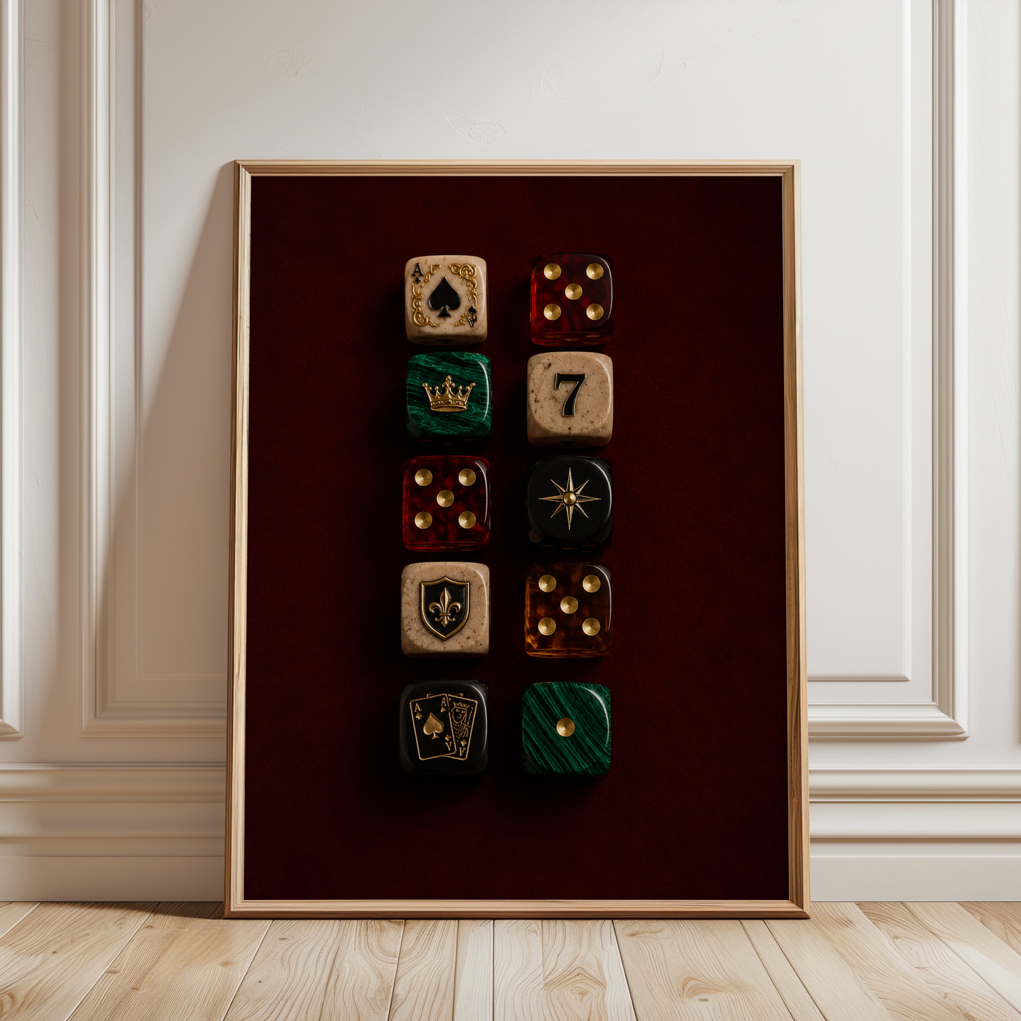 Vintage Dice and Playing Cards Wall Art: Dark Moody Still Life - framed detail