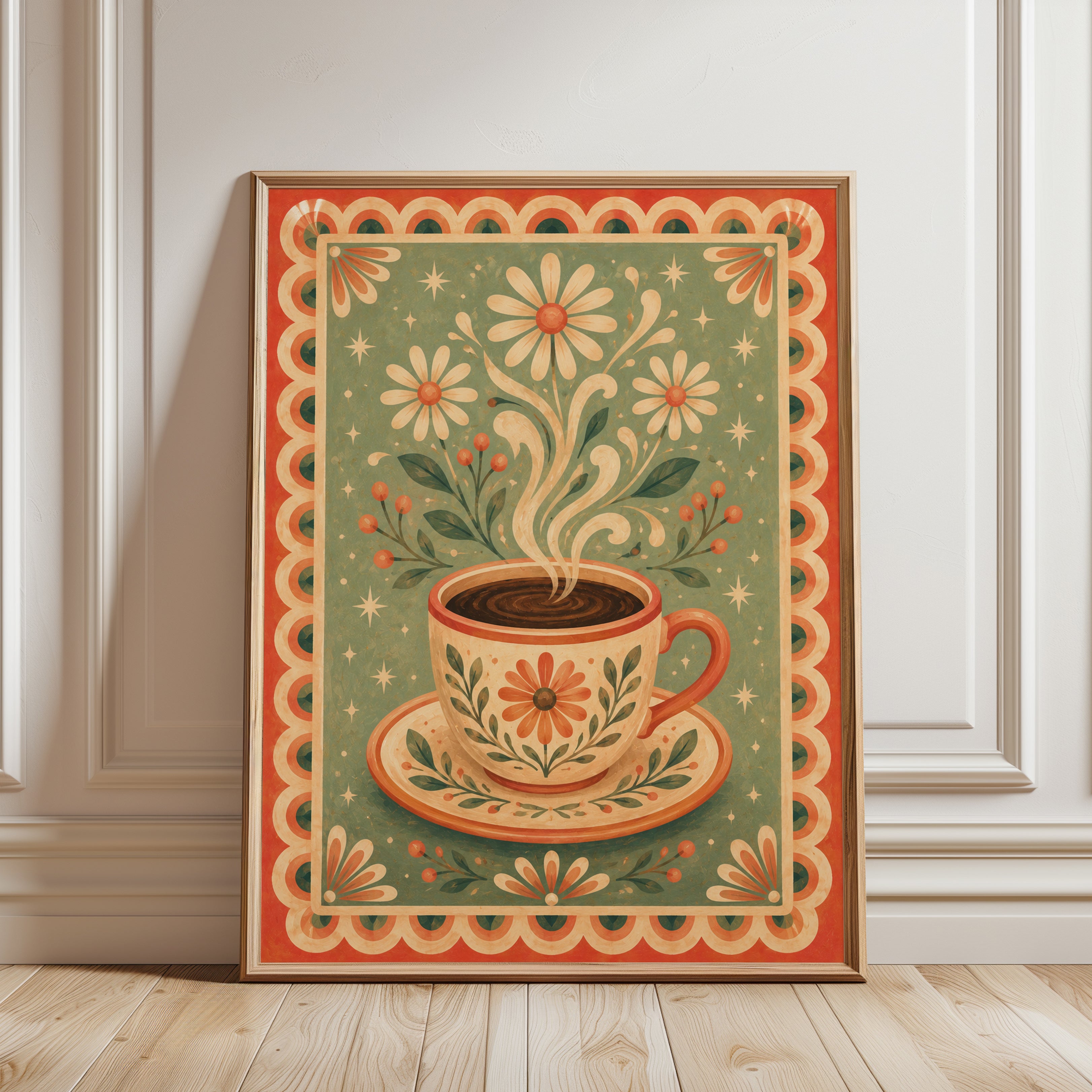 Folk Art Coffee Print – Floral Kitchen Wall Art - framed detail