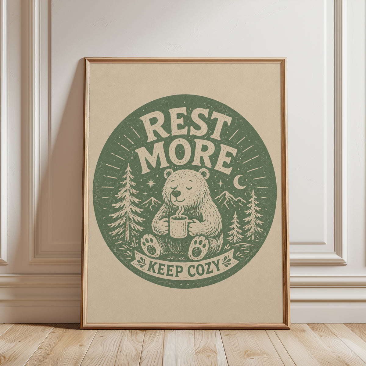 Bear Print Wall Art: Rustic Cottagecore - framed detail