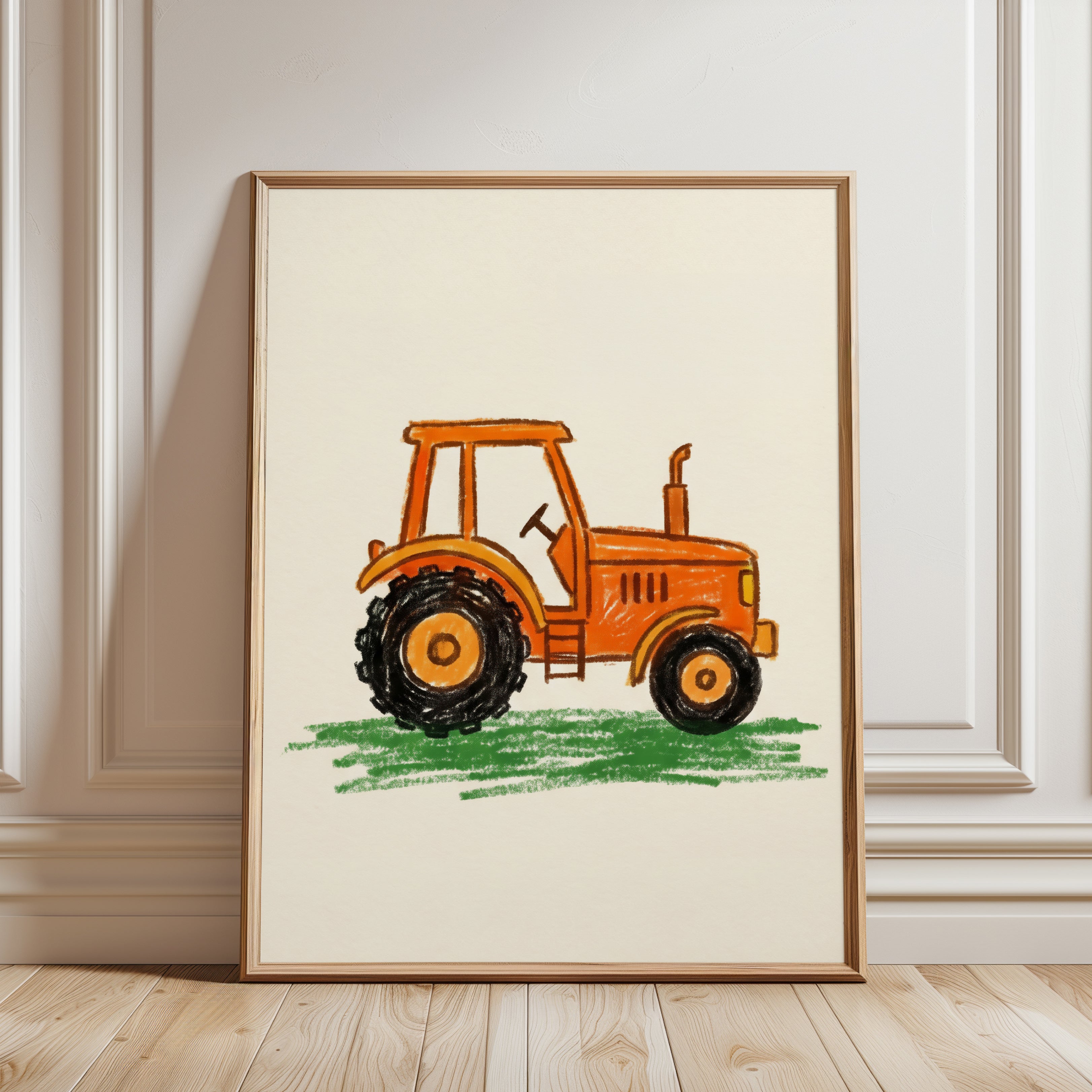 Orange Tractor Farm Nursery Art Print - framed detail