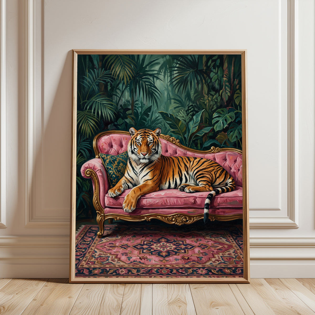 Tiger on Pink Sofa Print — Jungle Victorian Maximalist Art - framed detail